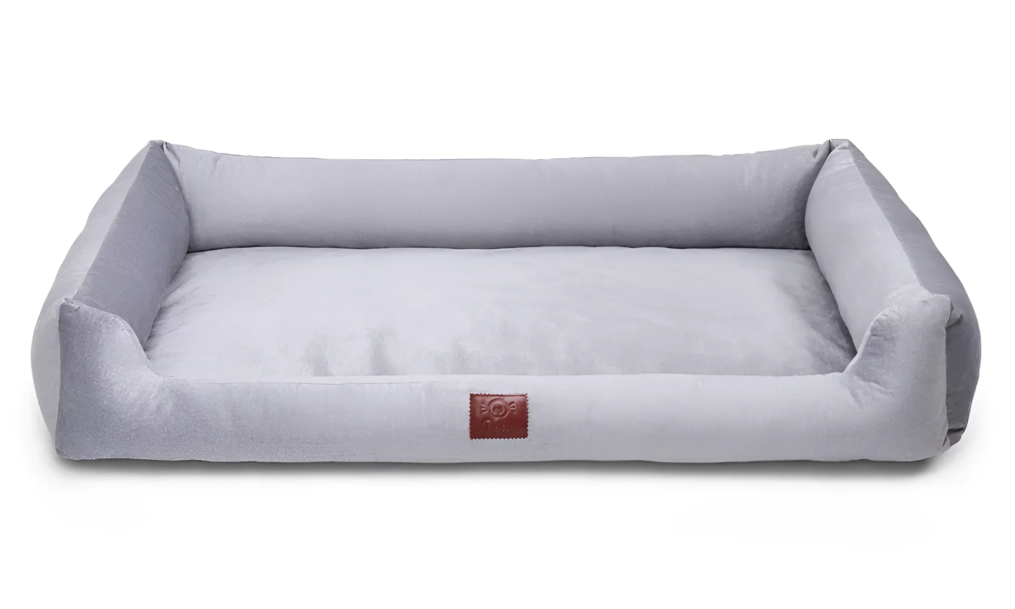 Серый прямоугольный лежак для собак Happiness - Silver с мягкими бортиками, идеальный для комфортного отдыха питомца.