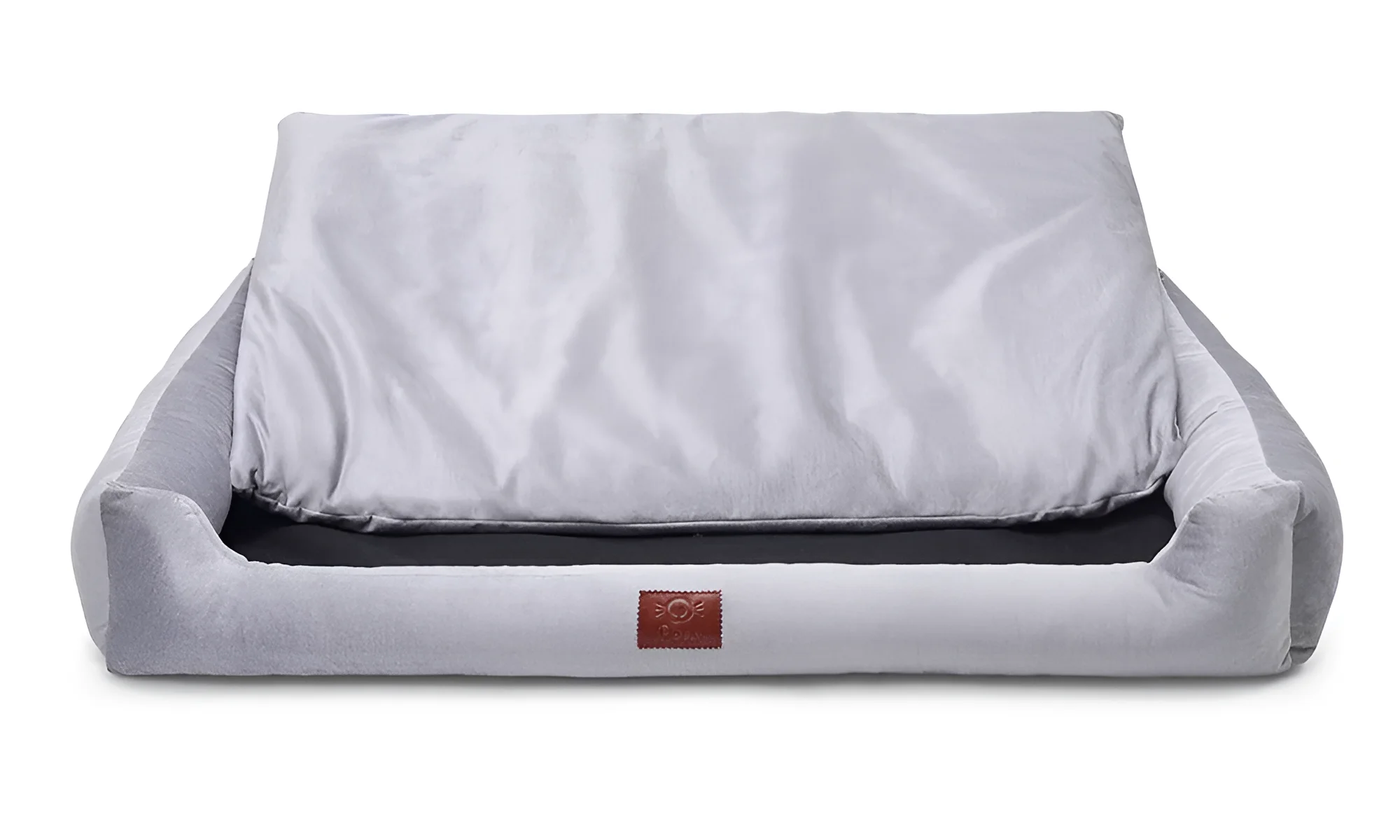 Серый лежак для собаки Happiness - Silver с мягкими бортиками и подушкой, удобный и стильный аксессуар для питомца.