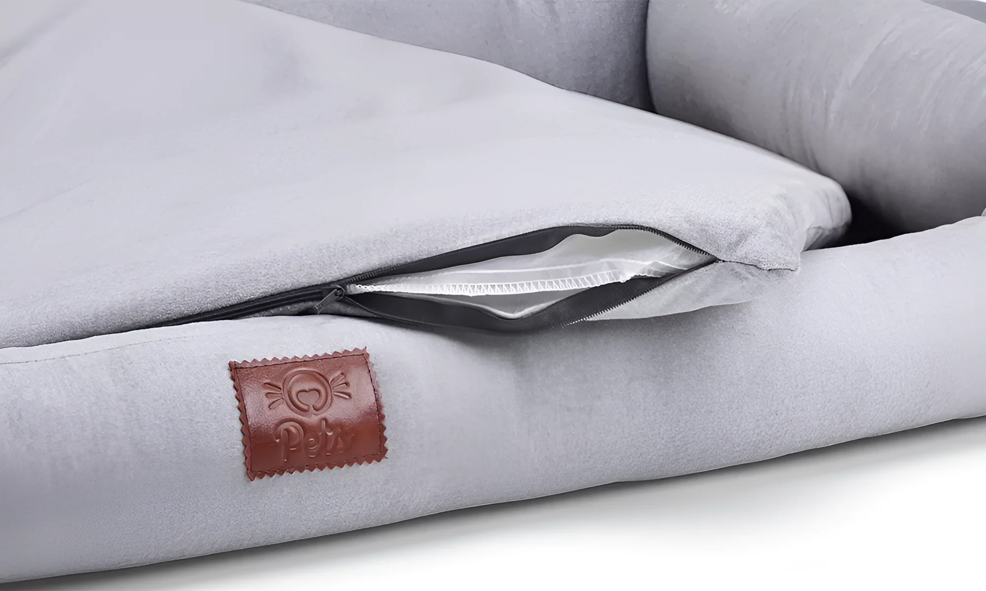 Серый лежак для домашних животных Happiness - Silver с удобной молнией для снятия чехла и стирки, логотип Pet's.