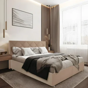 Кровать Eva 180x200 в современном интерьере спальни: бежевая обивка, мягкое изголовье, стильный дизайн, комфорт и уют.