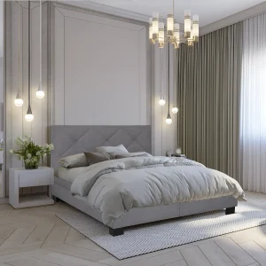 Стильная двуспальная кровать Naomi 160x200 в современном интерьере спальни, серого цвета, с мягким изголовьем и текстилем.