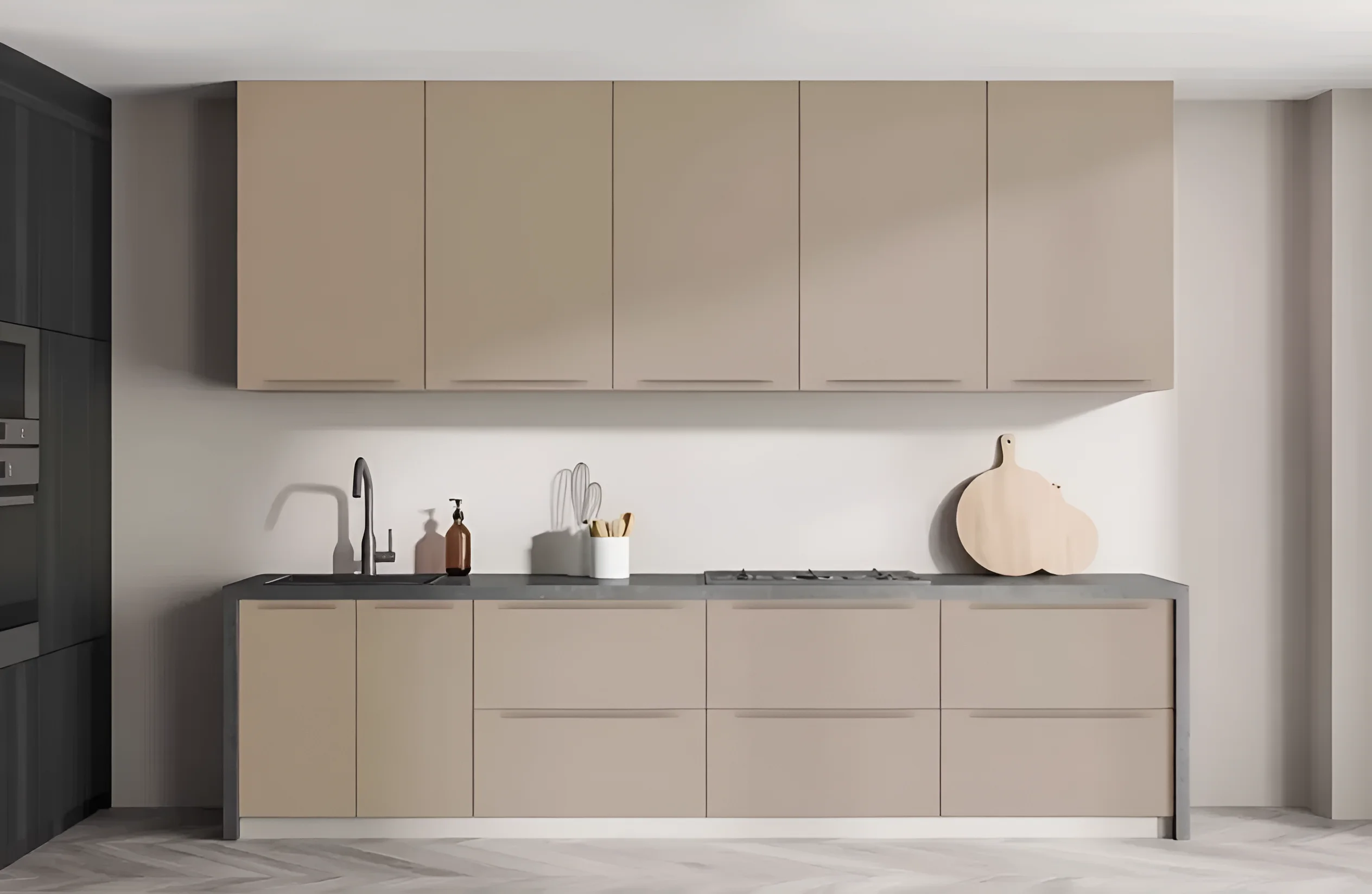 Кухонный гарнитур "Альфа ручка" 3.6м в цвете капучино и крем из крашеного МДФ, современный дизайн для маленькой кухни.