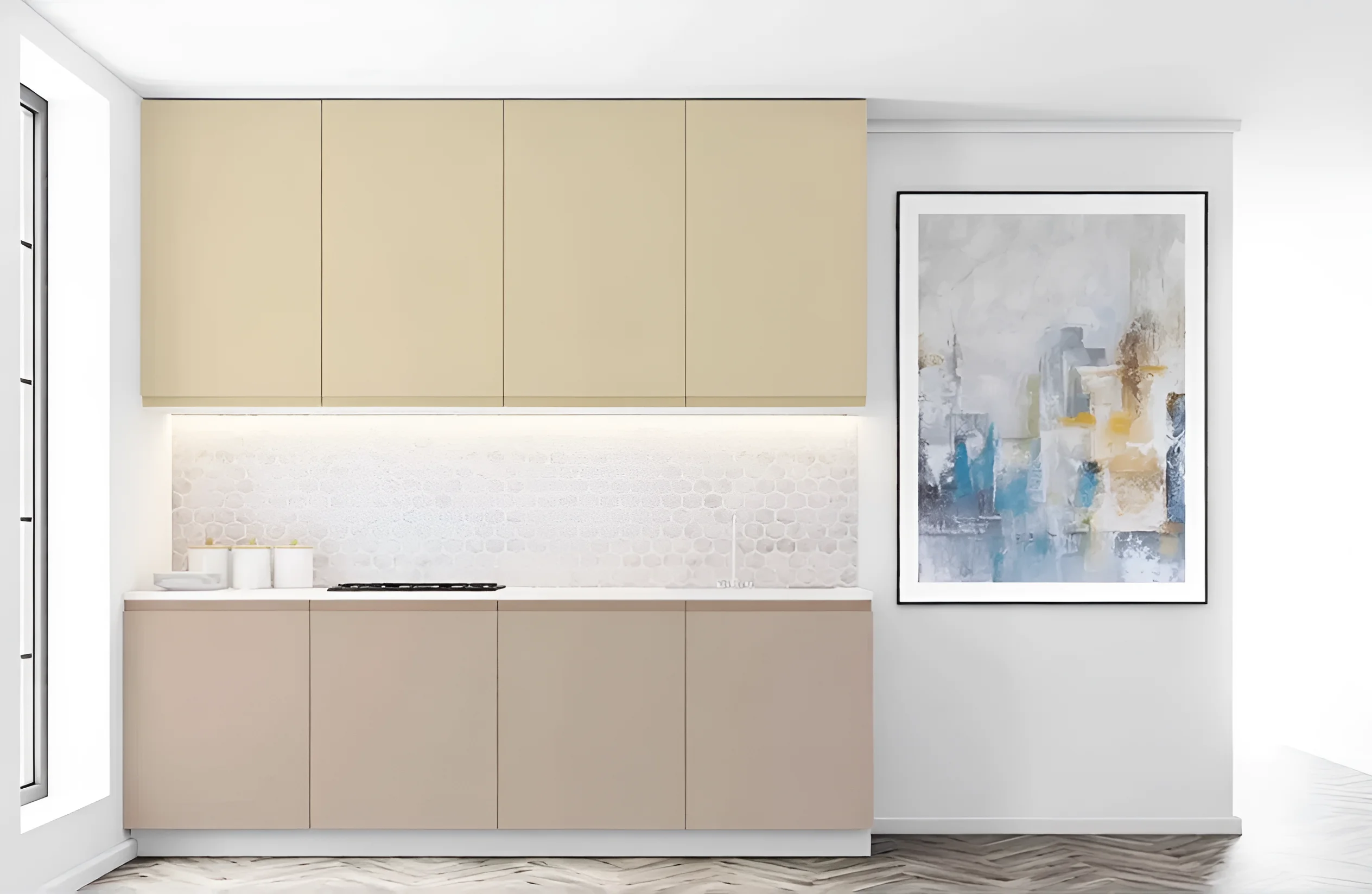 Кухонный гарнитур "Альфа ручка" 3.6м в цвете Капучино и Крем из крашеного МДФ, современный дизайн для маленькой кухни.