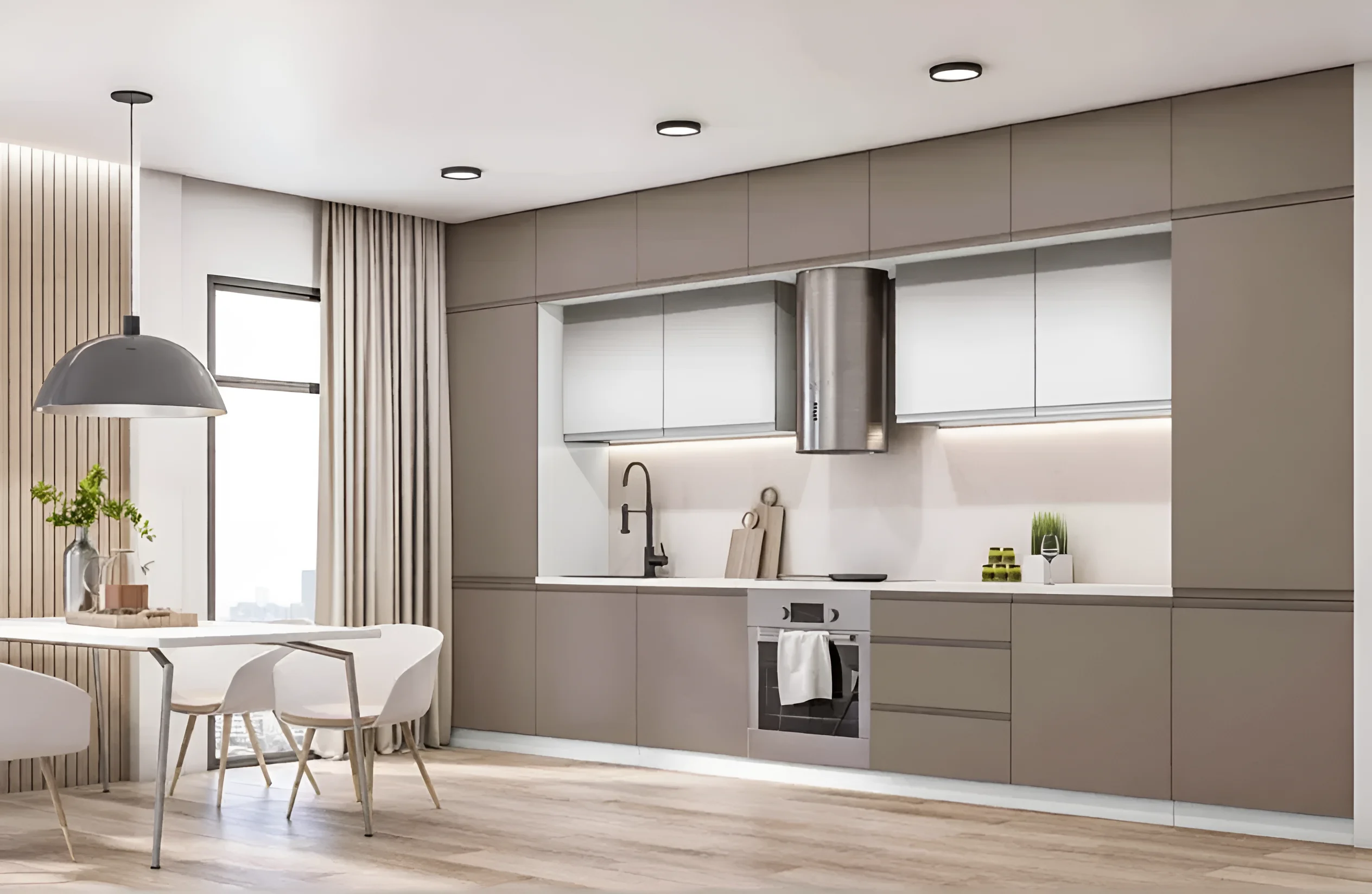 Кухня "Альфа ручка" 3.6м в цвете Капучино и Крем из крашеного МДФ, современный дизайн для маленькой кухни, фото интерьера.