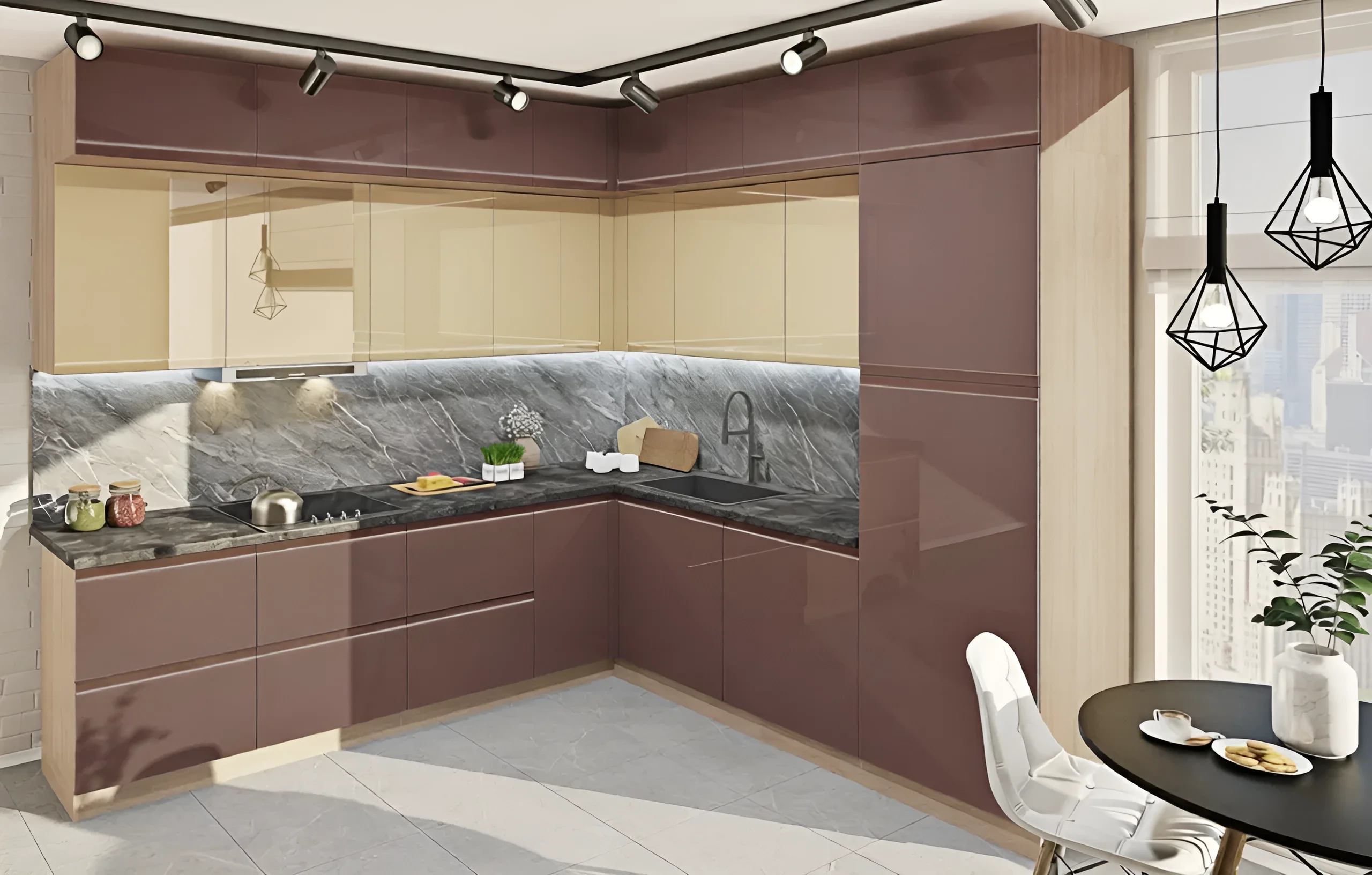 Угловая кухня "Альфа ручка" 3.6м в цвете Капучино и Крем из крашеного МДФ, современный дизайн, фото интерьера кухни.