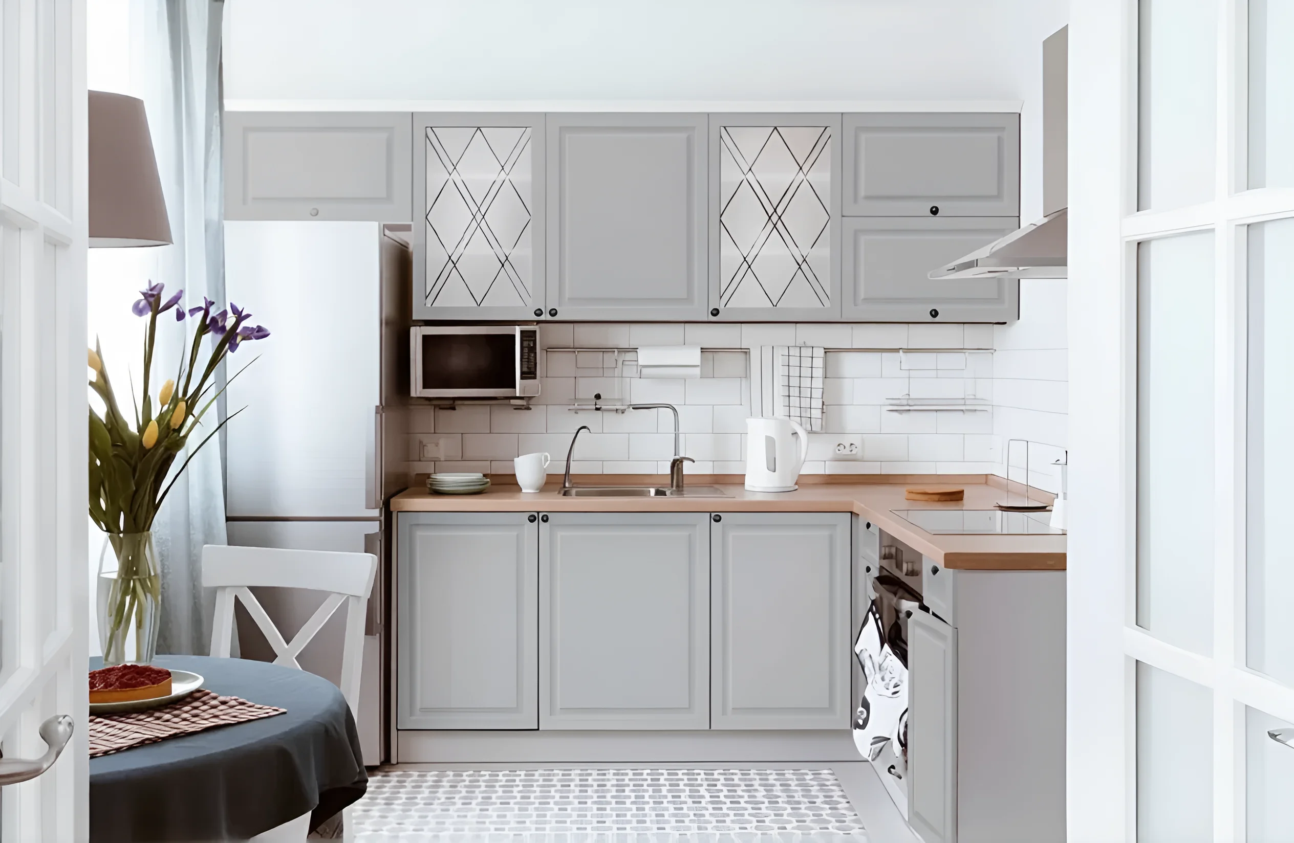 Кухня "Диамант" 2 метра в пепельном цвете: фото интерьера маленькой кухни с белой техникой и светлой плиткой.