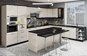 Кухонный гарнитур "Хай-тек" 2 метра, цвет дуб крафт белый (беленый), угловая кухня с островом, современный дизайн для маленькой кухни.