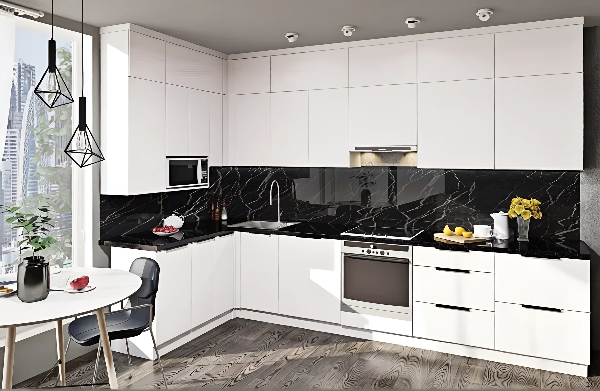 Белая угловая кухня в стиле хай-тек 2.4 метра с черной столешницей и стеклянным фартуком, современный дизайн интерьера кухни.