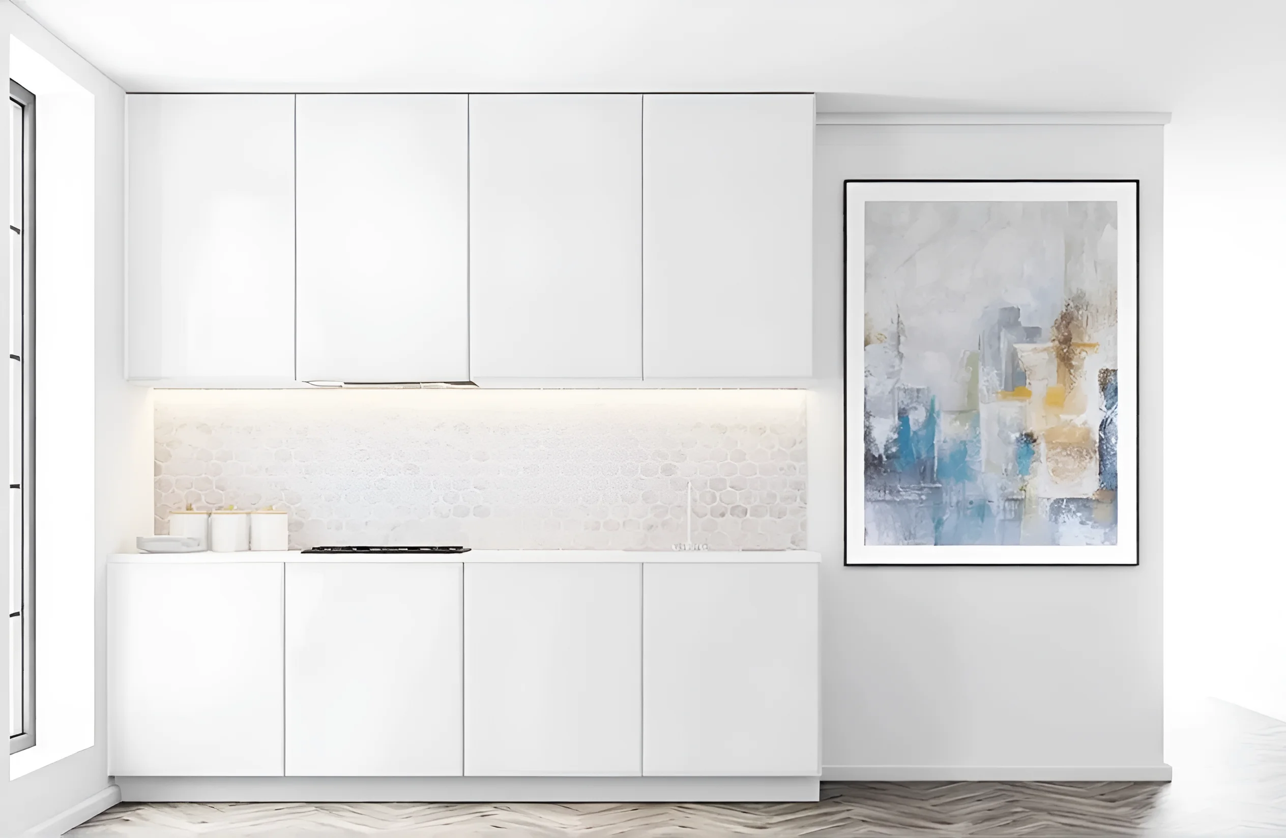 Белая кухня в стиле хай-тек 2.4 метра, современный дизайн, глянцевые фасады, компактное решение для маленькой кухни, MebelTops.