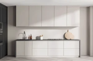 Белая кухня в стиле хай-тек 2.4 метра, современный дизайн, глянцевые фасады, функциональная планировка, фото интерьера кухни.