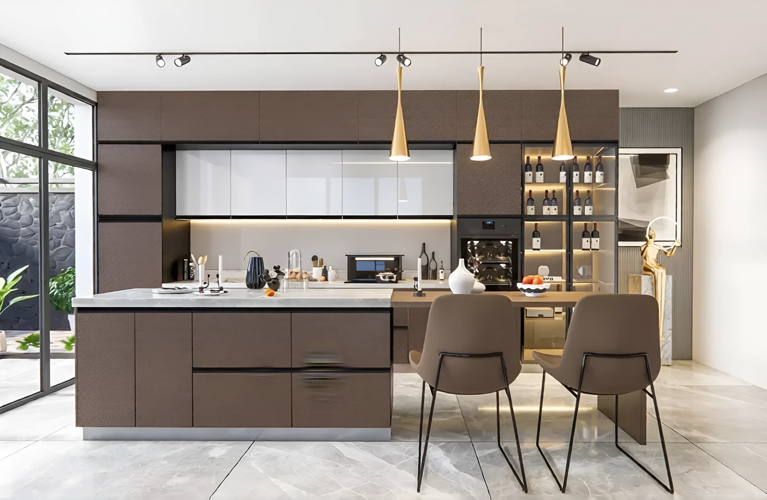 Современная угловая кухня "Sigma ручка" 2,4 метра в цвете Капучино и Сахара с барной стойкой и стильным дизайном.