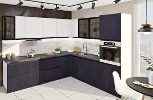 Современная угловая кухня "Тренд" 2000мм в белом и цвете "Угольный камень" с подсветкой и стильным дизайном для небольших помещений.