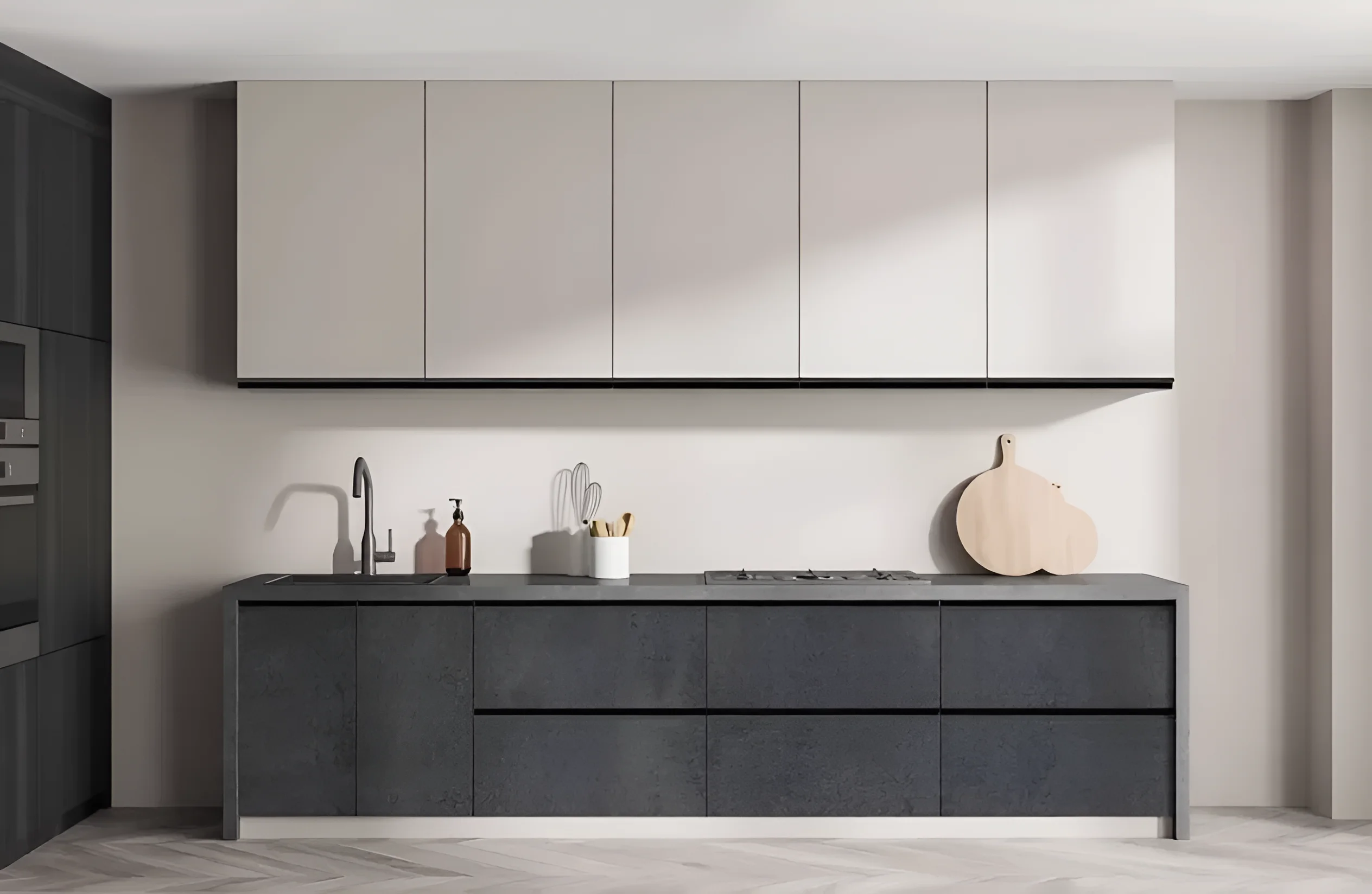 Современная маленькая кухня "Тренд" 2000мм в белом и цвете "Угольный камень", минималистичный дизайн, прямые фасады, функциональное пространство.