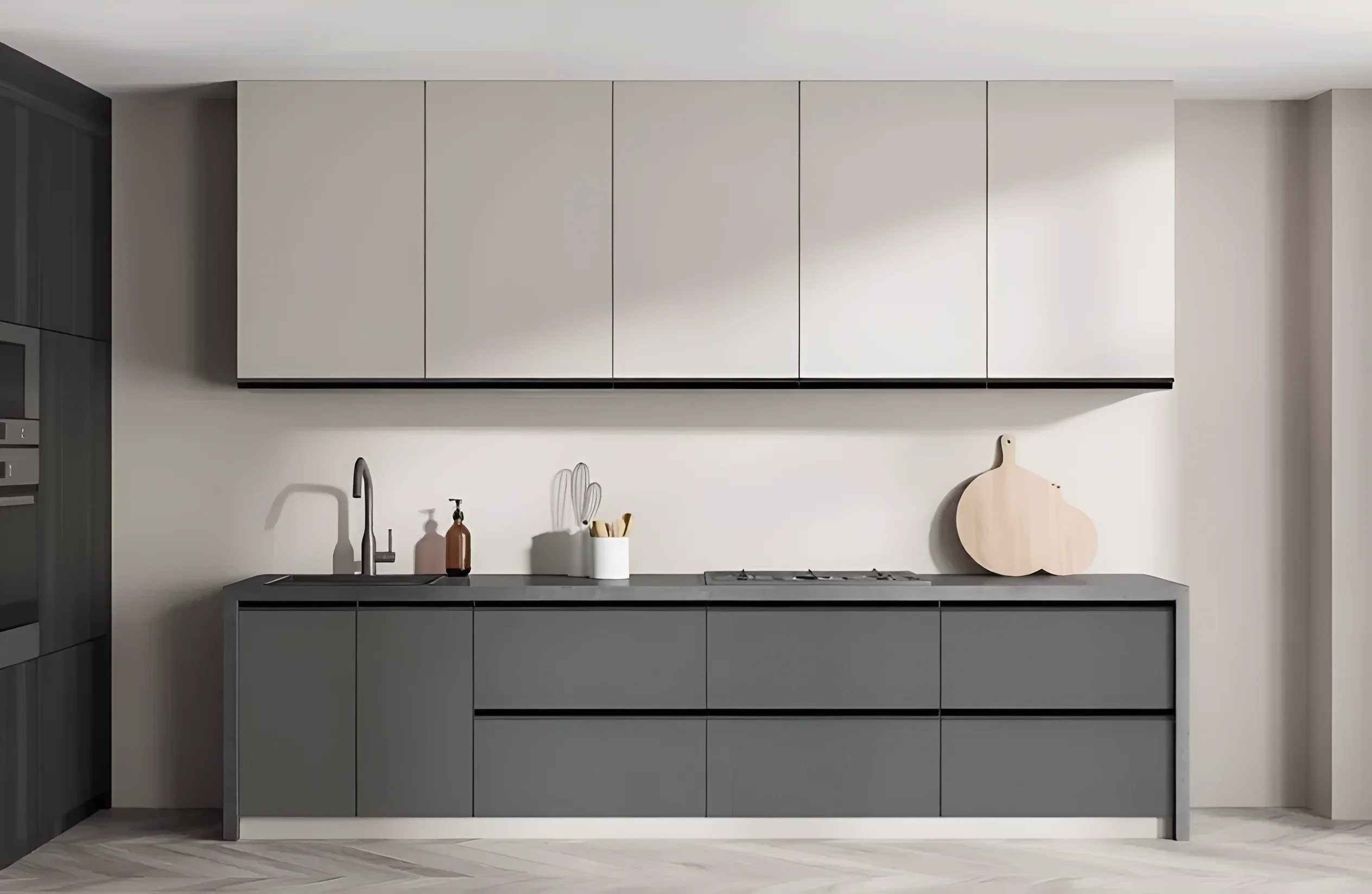 Современная маленькая кухня "Тренд" 2000мм в белом и цвете "Угольный камень", минималистичный дизайн, функциональная планировка, фото интерьера.