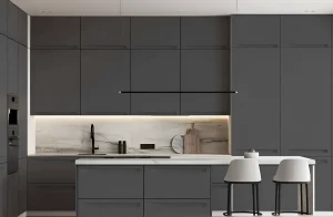 Современная матовая кухня "Альфа ручка" 2м, крашеный МДФ в белом и графитовом цветах, стильный дизайн интерьера кухни.