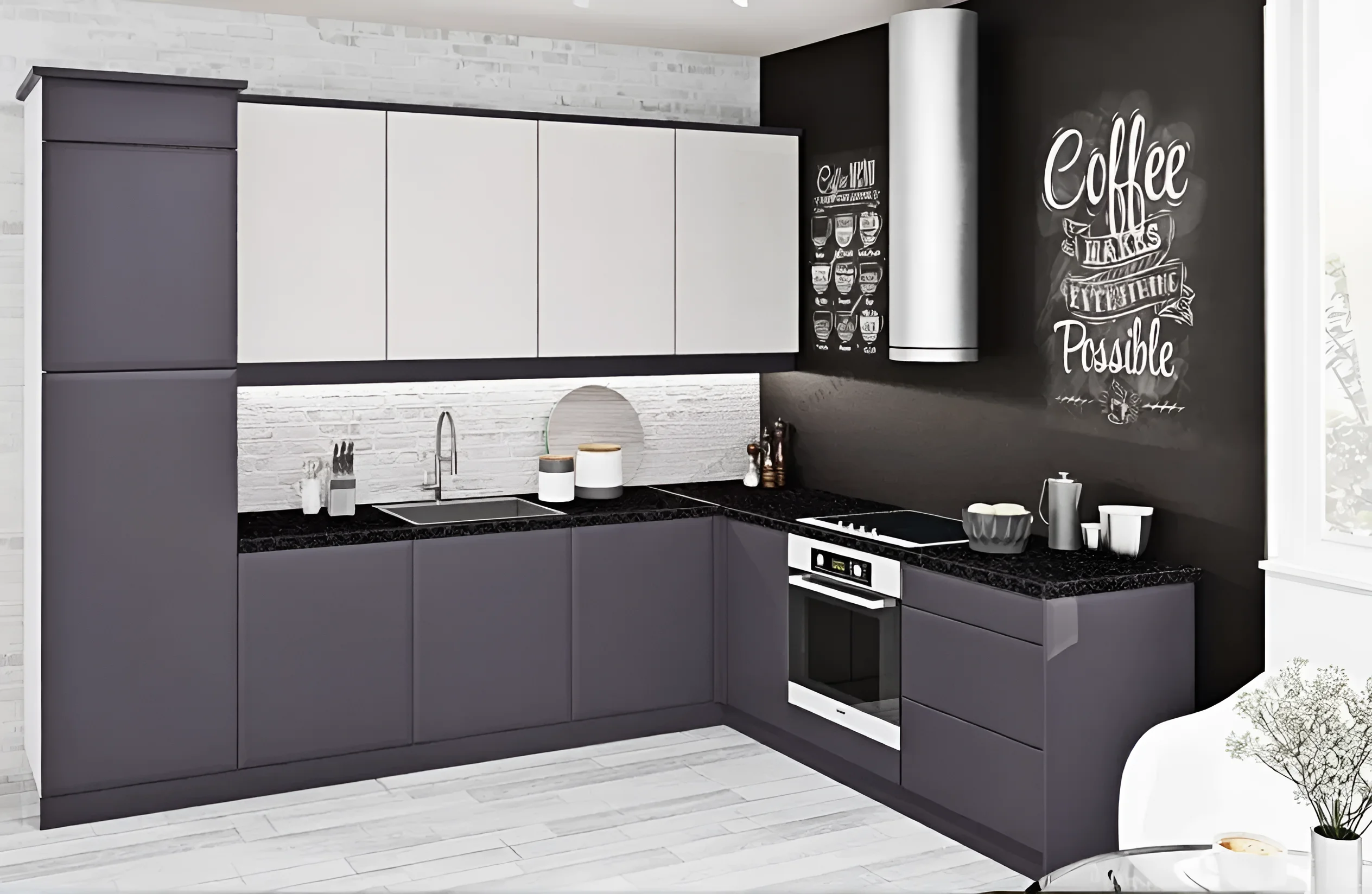 Матовая кухня "Хай-тек" 2м Графит: угловой кухонный гарнитур в современном стиле, графитовый цвет, фото интерьера кухни.