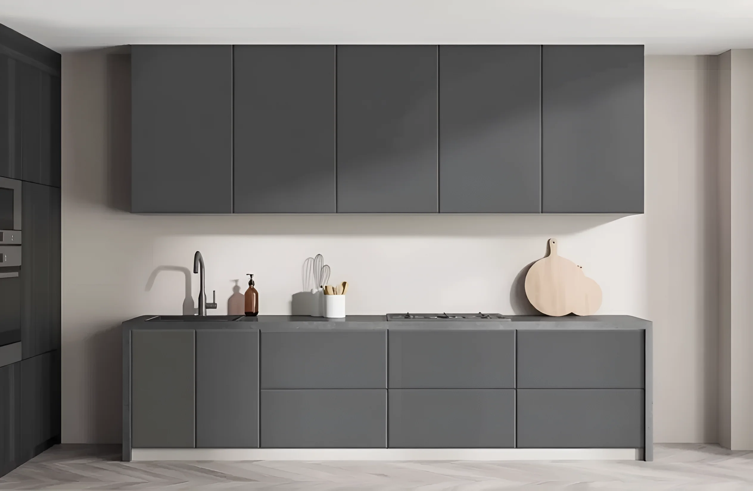 Современная матовая кухня "Хай-тек" графитового цвета, 2 метра шириной, с минималистичным дизайном и встроенной техникой.