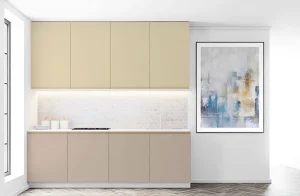 Современная бежевая кухня "Альфа ручка" 4х2.2м из крашеного МДФ, минималистичный дизайн, прямые фасады, стильный интерьер кухни.