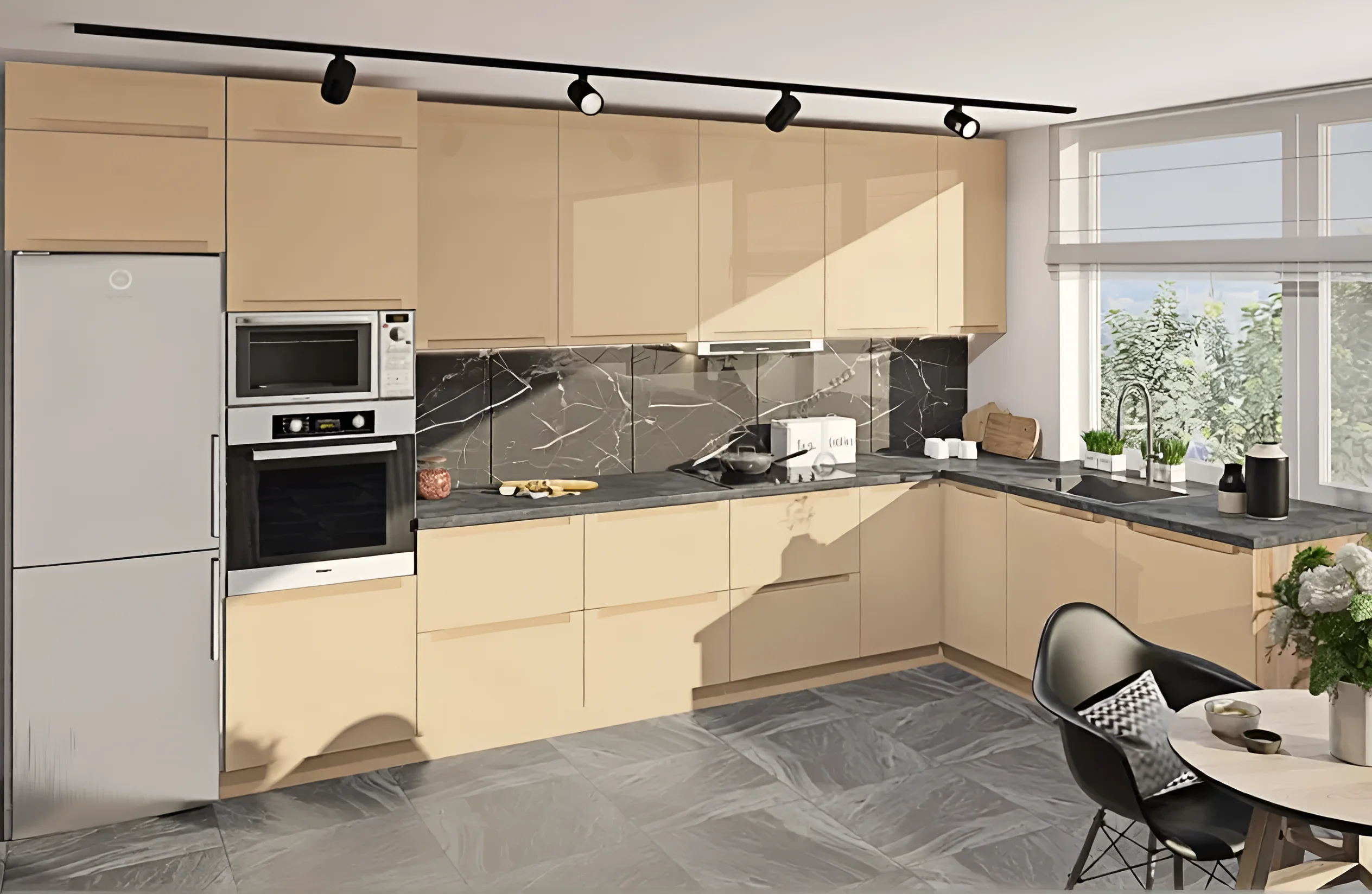 Современная угловая кухня "Альфа ручка" бежевого цвета из крашеного МДФ, размеры 4х2.2м, стильный дизайн интерьера кухни.