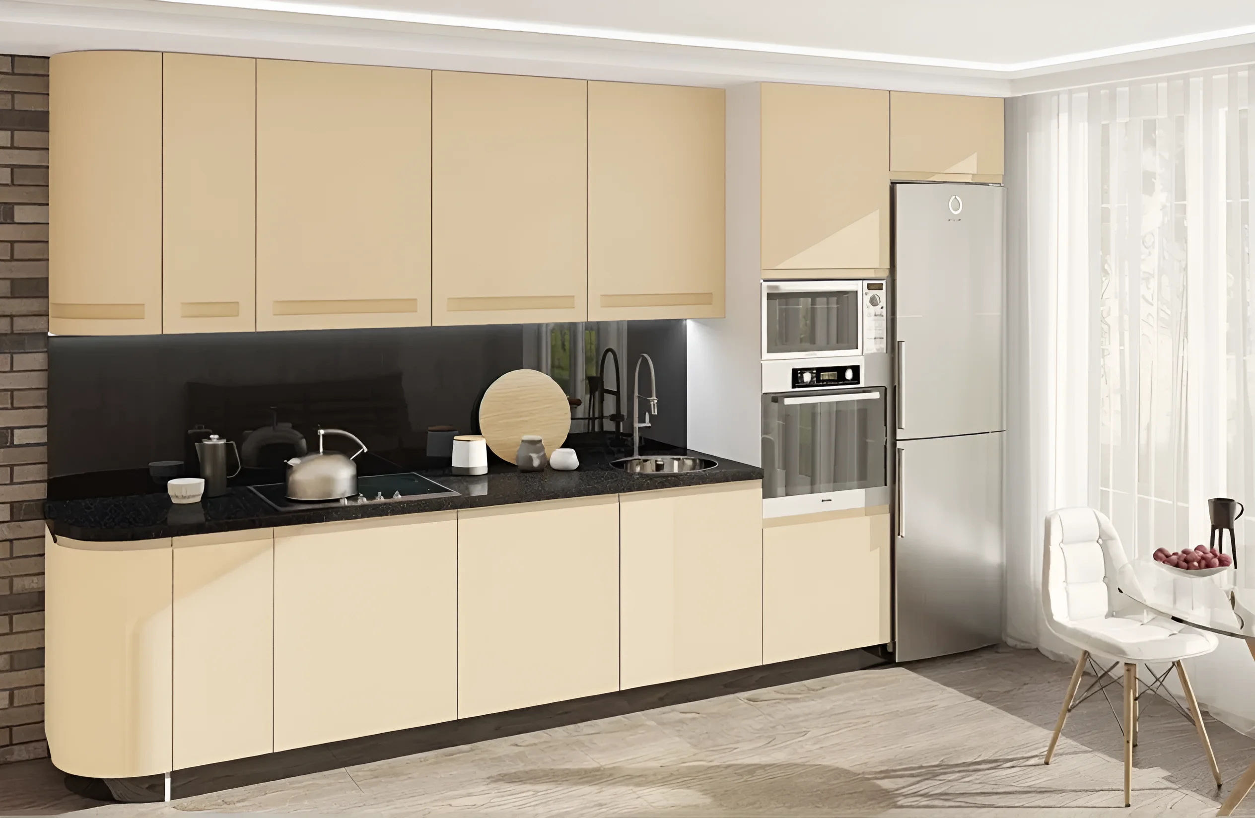 Современная бежевая кухня "Альфа ручка" 4х2.2м из крашеного МДФ с черной столешницей, стильный дизайн интерьера кухни.