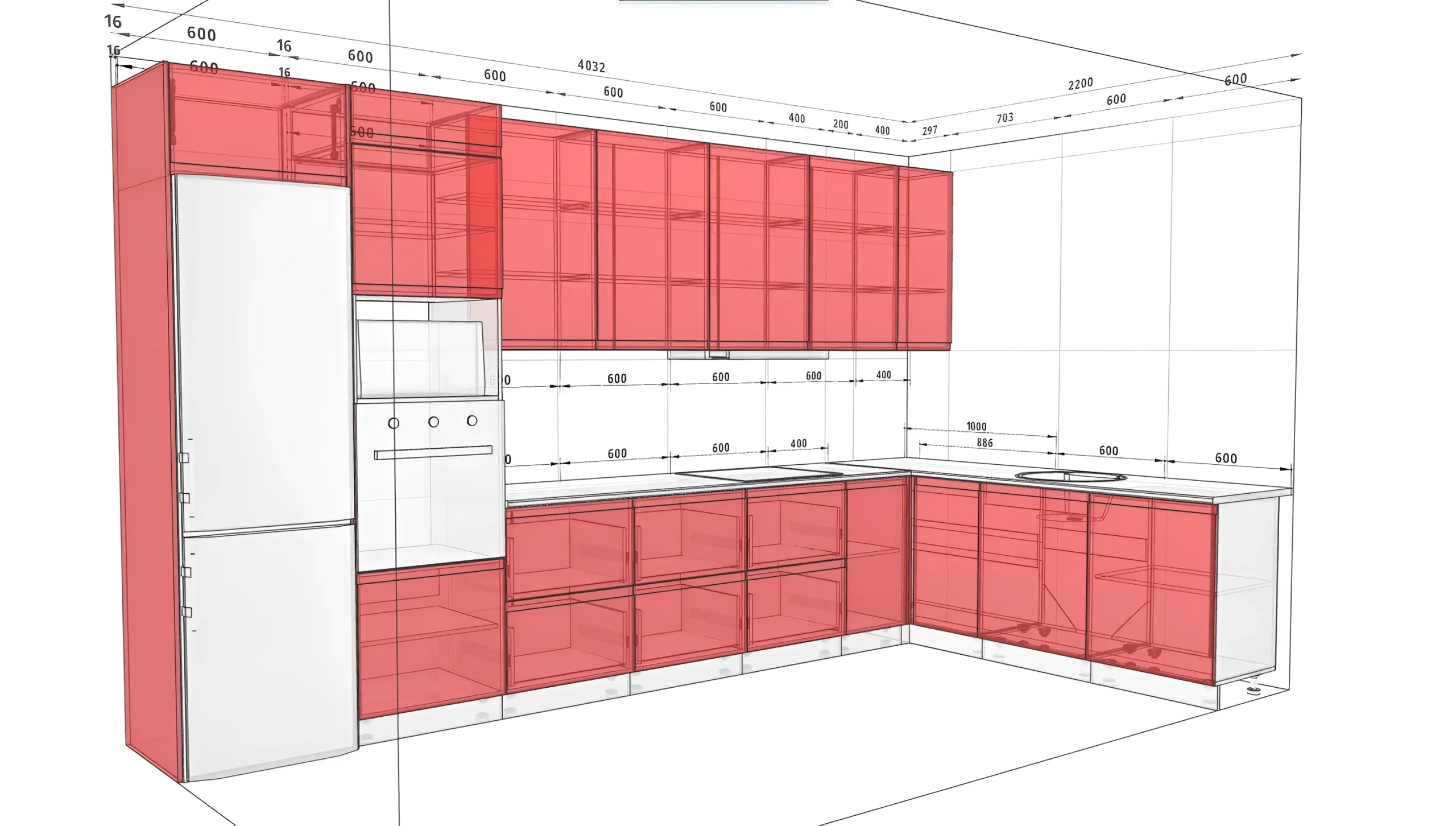 Современная угловая кухня "Альфа ручка" 4х2.2м, бежевый крашеный МДФ, визуализация проекта с размерами и расположением модулей.