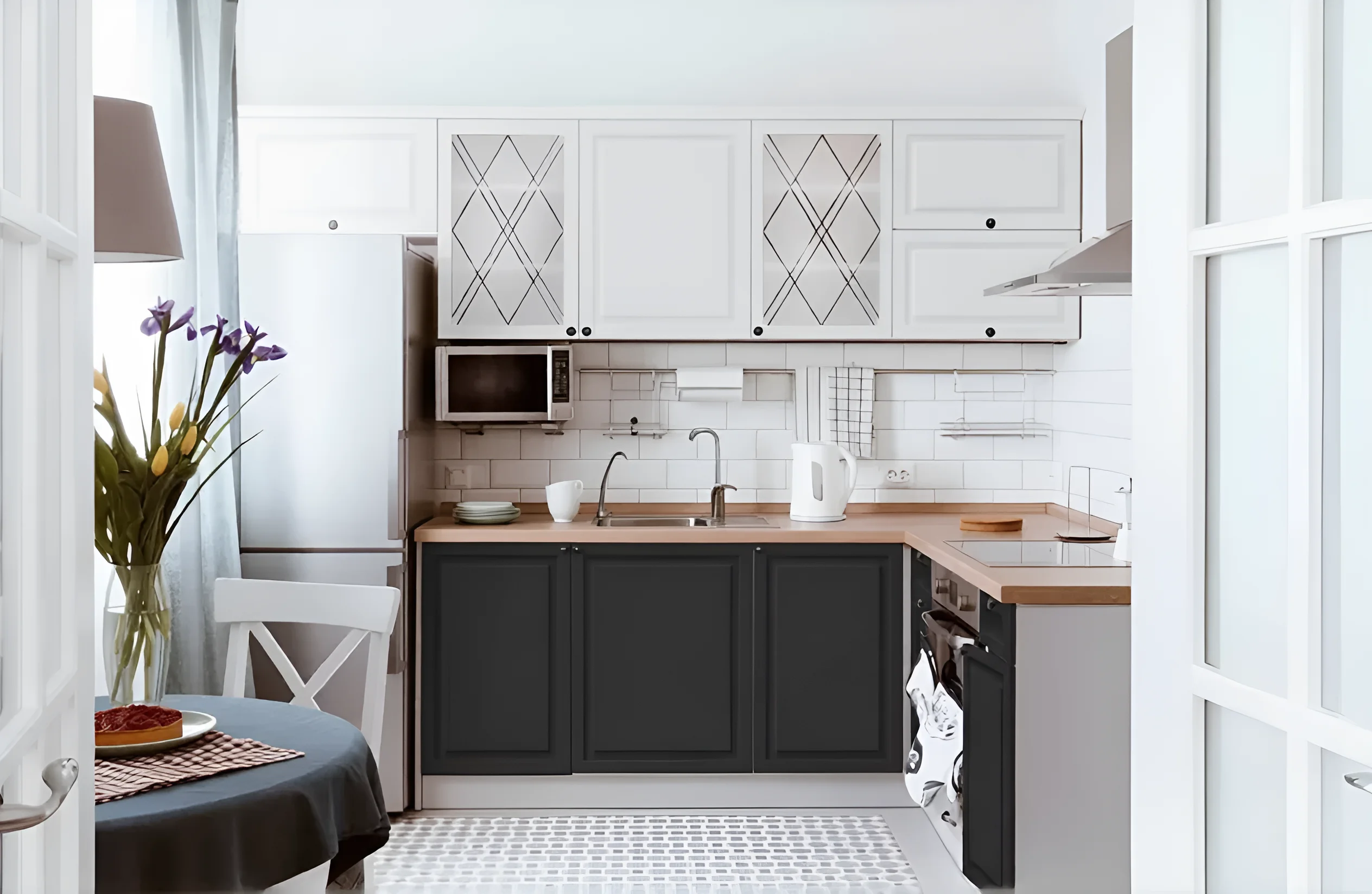 Современная белая и графитовая кухня 4 кв.м. с островом: стильный дизайн, функциональность и удобство для вашего дома.