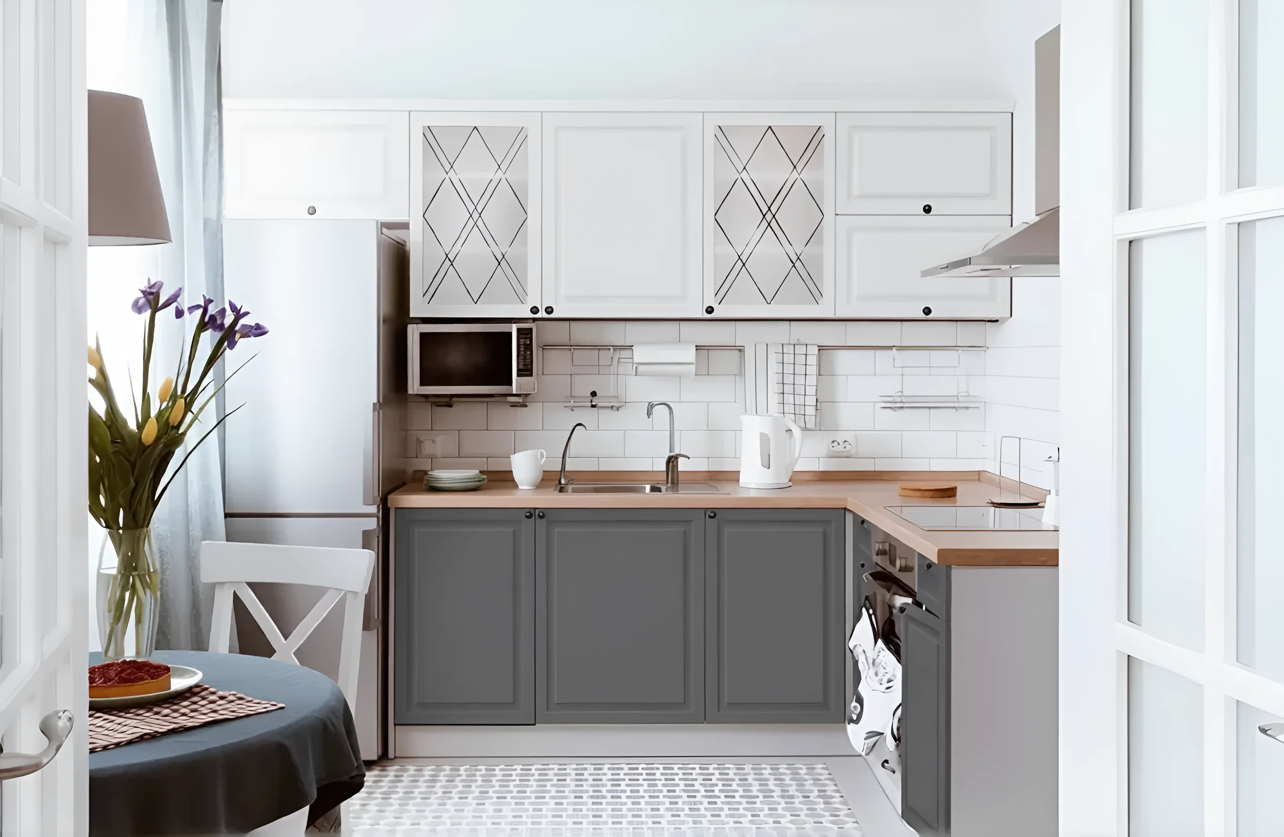 Современная белая и графитовая кухня "Диамант" 4 кв.м. с островом, стильный дизайн, фото интерьера кухни в светлом помещении.