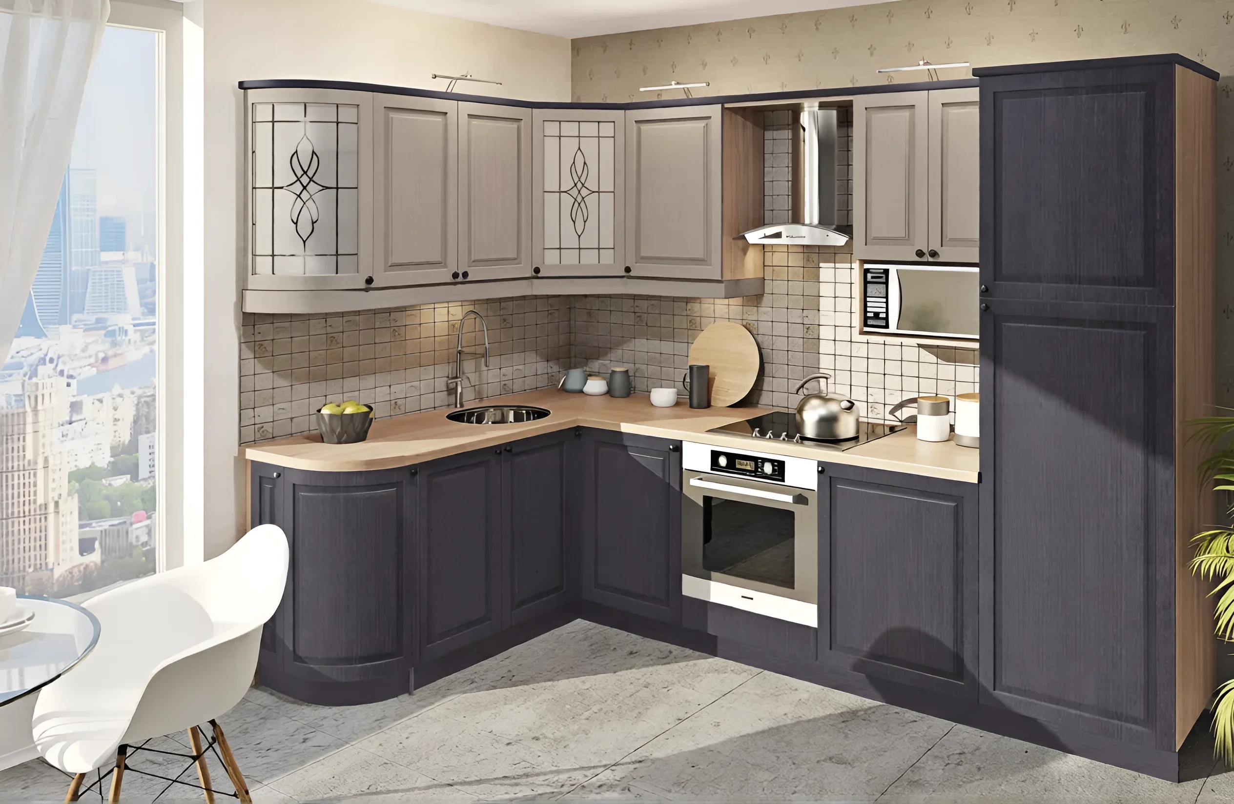 Современная угловая кухня "Диамант" 4м с островом в белом и графитовом цвете, стильный дизайн, фото интерьера кухни.