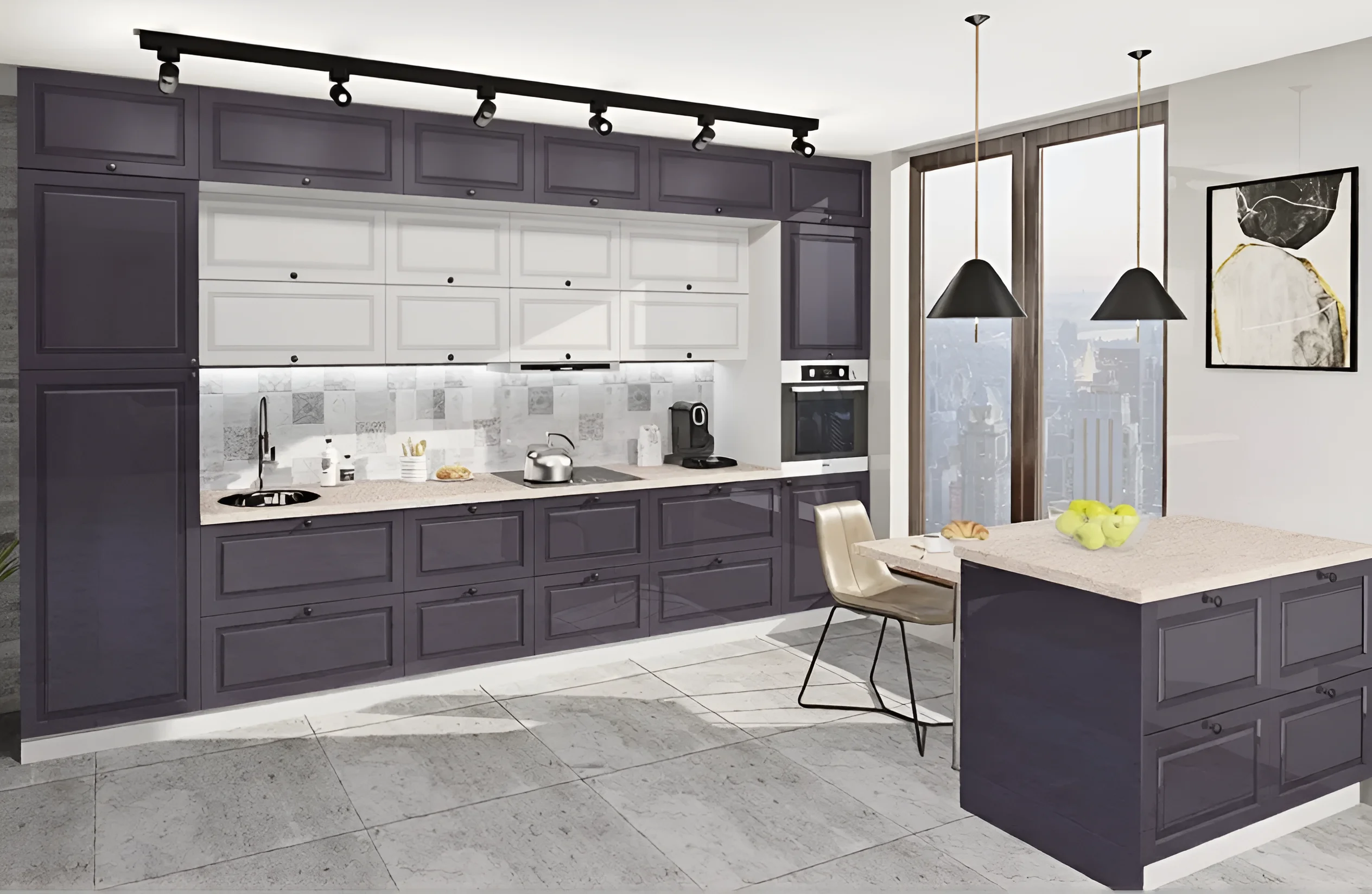 Современная белая и графитовая кухня "Диамант" 4м с островом: стильный дизайн, функциональность и удобство для вашего дома.