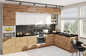 Современная угловая кухня "Хай-тек" 3,6х2 м в белом и дубе золотом, стильный дизайн, функциональная планировка, фото интерьера.