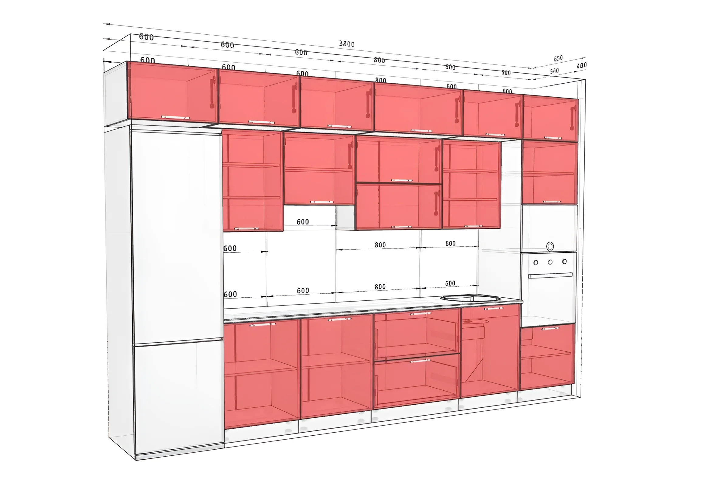 Современная кухня "Хай-тек с цветной печатью" 3600мм, цвет Графит, визуализация проекта с размерами и расположением модулей.