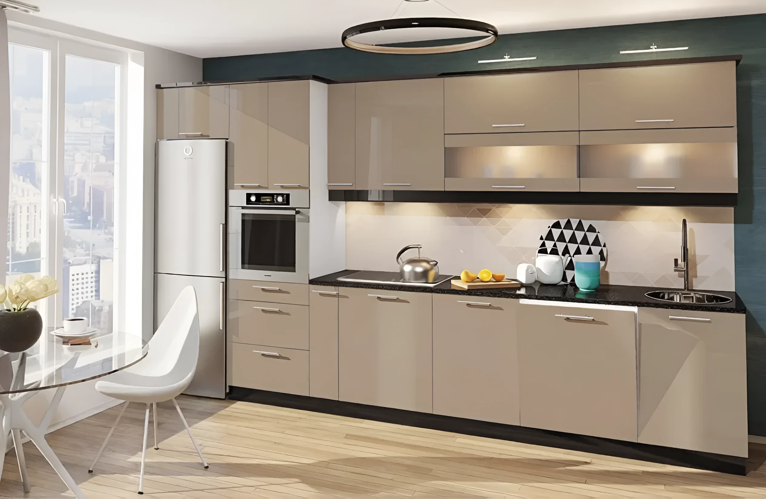 Современная кухня "Крашеный высокий глянец" 3.2 метра в цвете Тоффи, фото интерьера кухни с бытовой техникой и обеденной зоной.