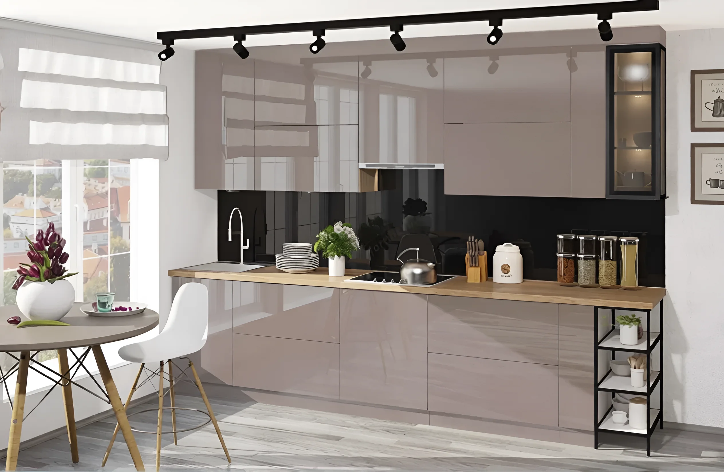 Современная угловая кухня "Крашеный высокий глянец" Тоффи 3.2 метра с черным фартуком и деревянной столешницей, стильный дизайн.