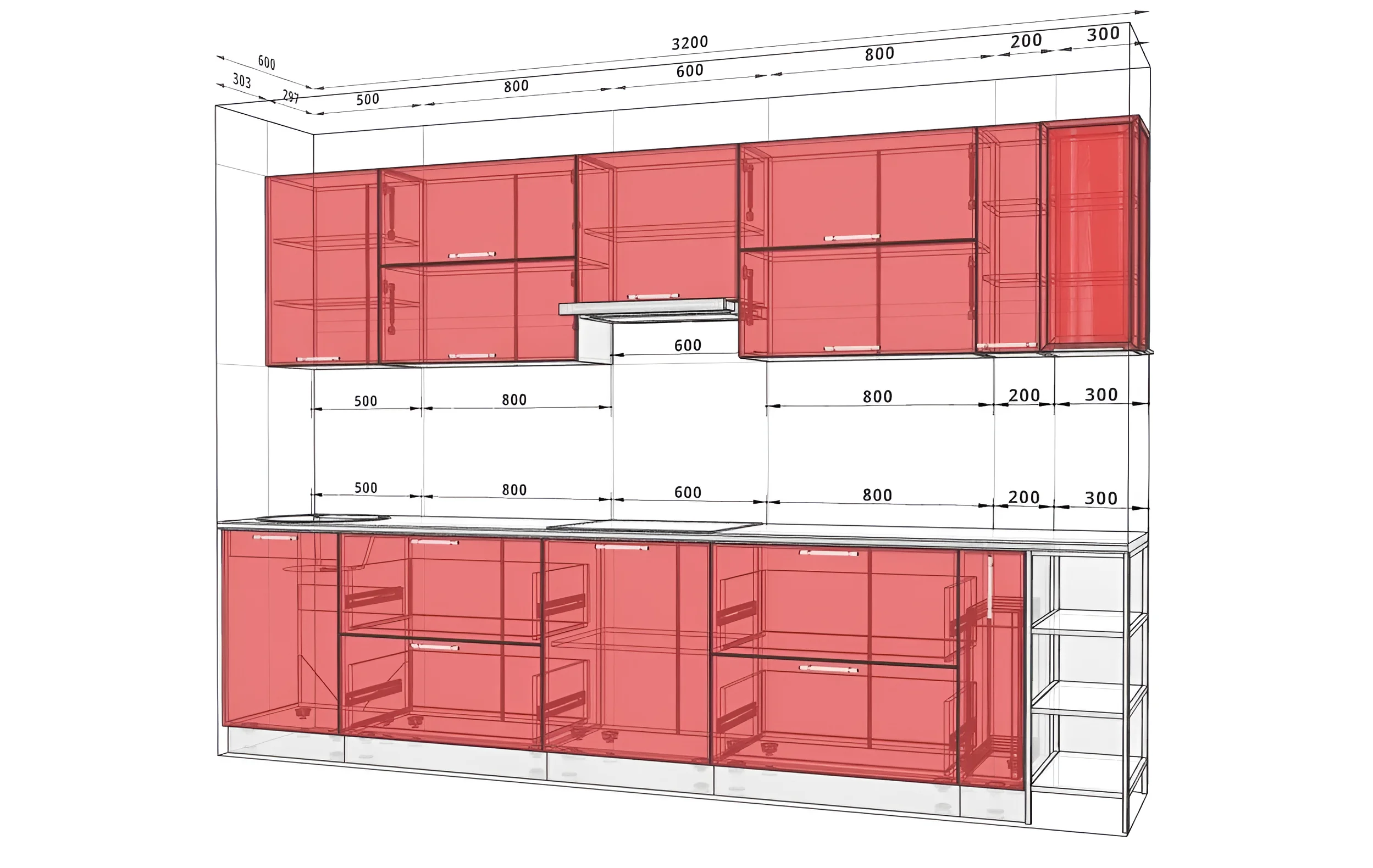 Современная кухня "Крашеный высокий глянец" 3.2 метра в цвете Тоффи, визуализация с размерами, шкафы с глянцевыми фасадами.
