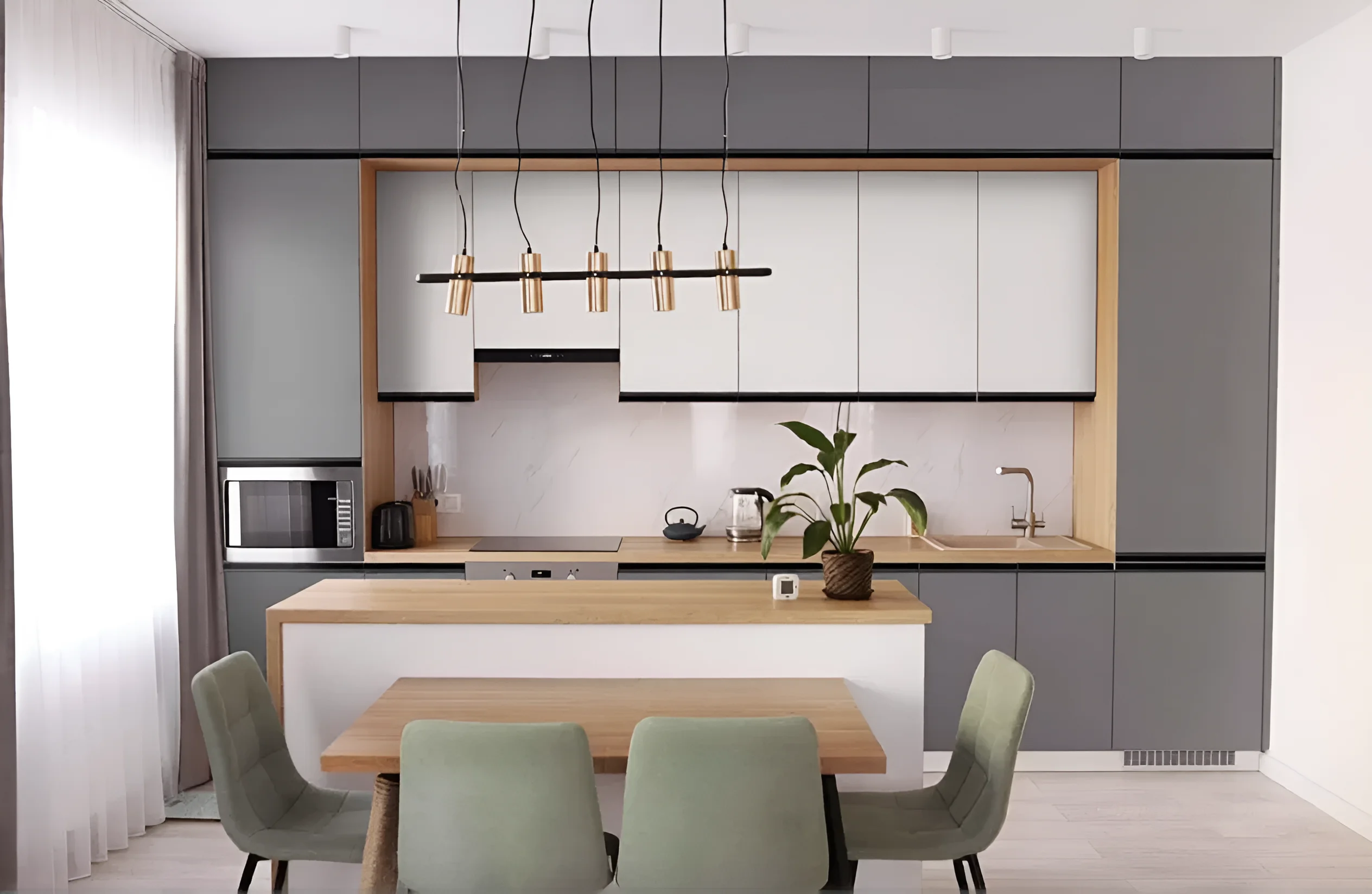 Современная угловая кухня Sigma с белыми и графитовыми фасадами, ручками и деревянной столешницей, размеры 2.8 x 1.8м.