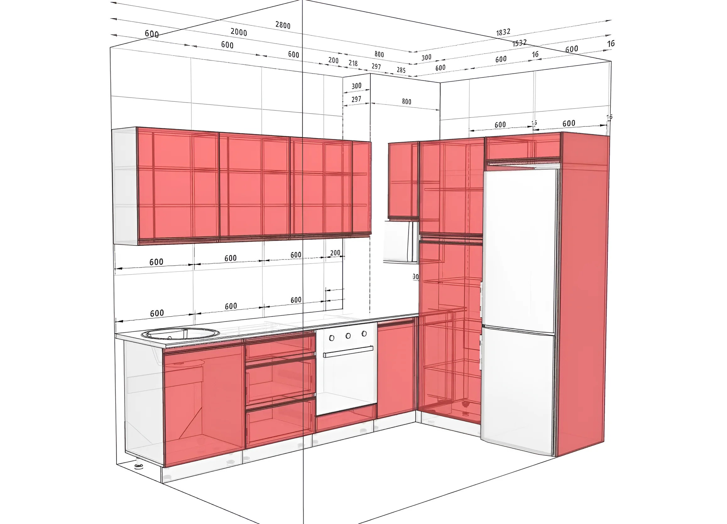 Угловая кухня Sigma ручка 2.8х1.8м в белом и графитовом цвете, современный дизайн, схема расположения модулей, MebelTops.