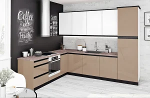 Современная угловая кухня Sigma ручка 4.2м в цвете дуб золотой и капучино, стильный дизайн для интерьера кухни.