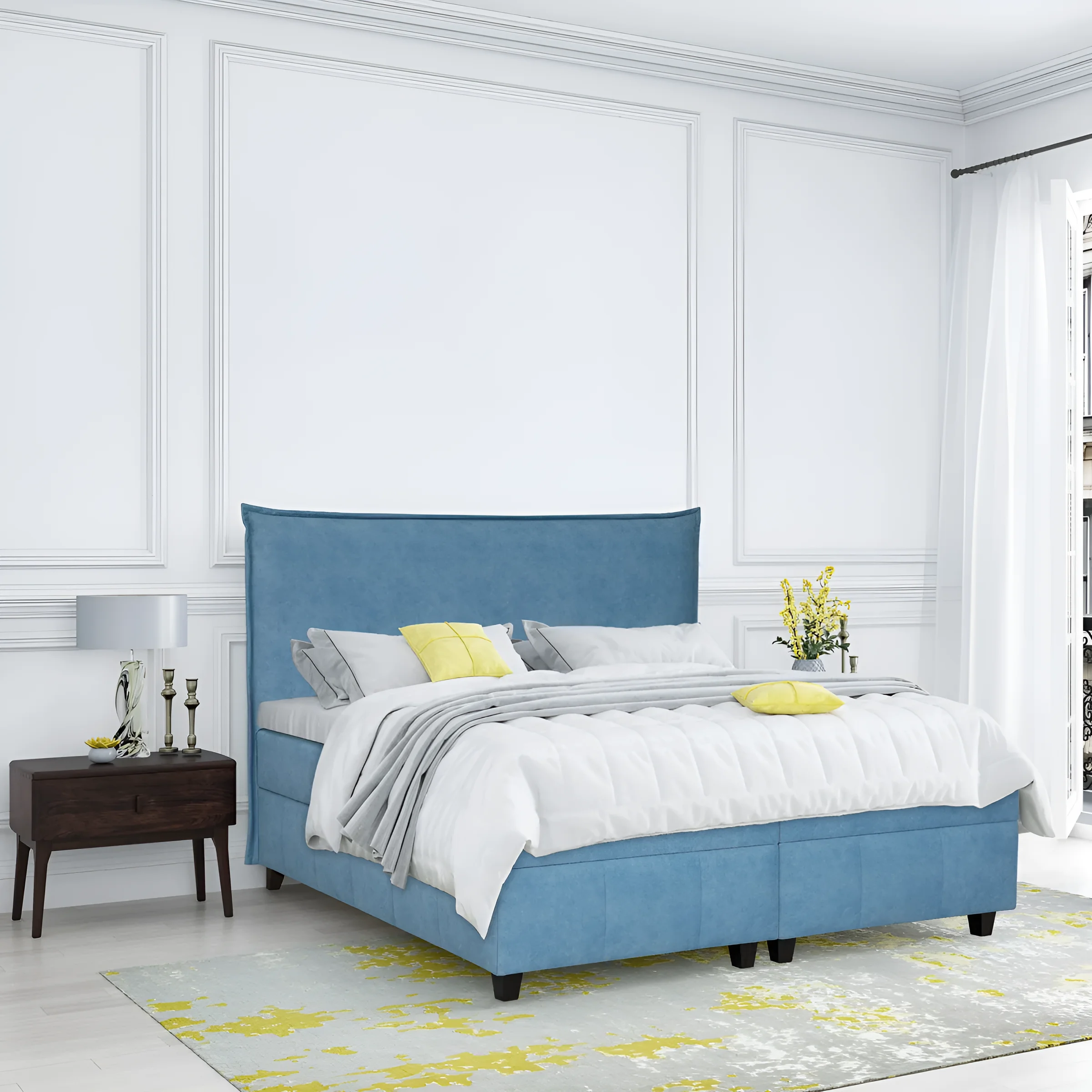 Спальная система Bruno голубого цвета с мягким изголовьем в светлой спальне, современный дизайн, удобная кровать с ящиками для хранения.