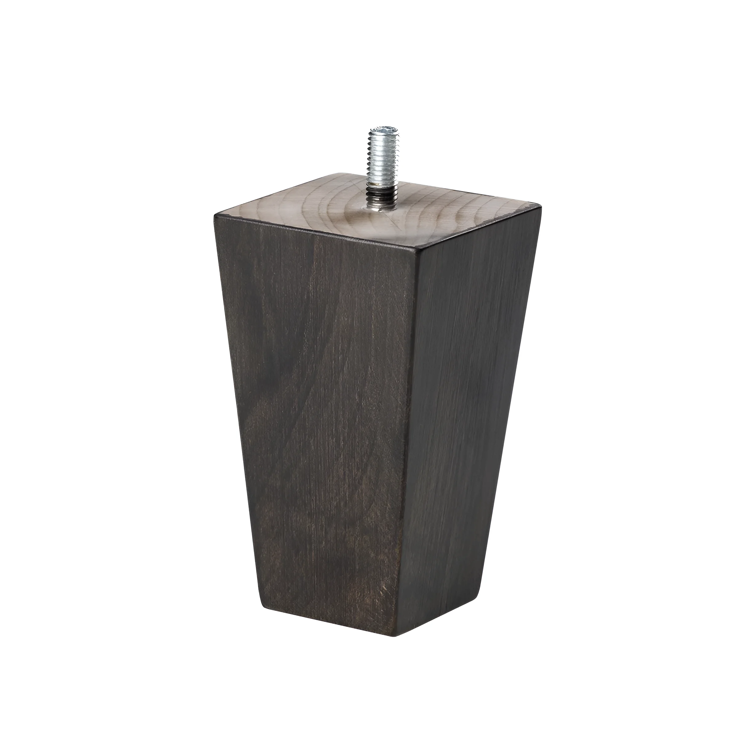 Деревянная ножка для мебели Bruno, конической формы, темного цвета, с металлическим винтом для крепления, вид сбоку.