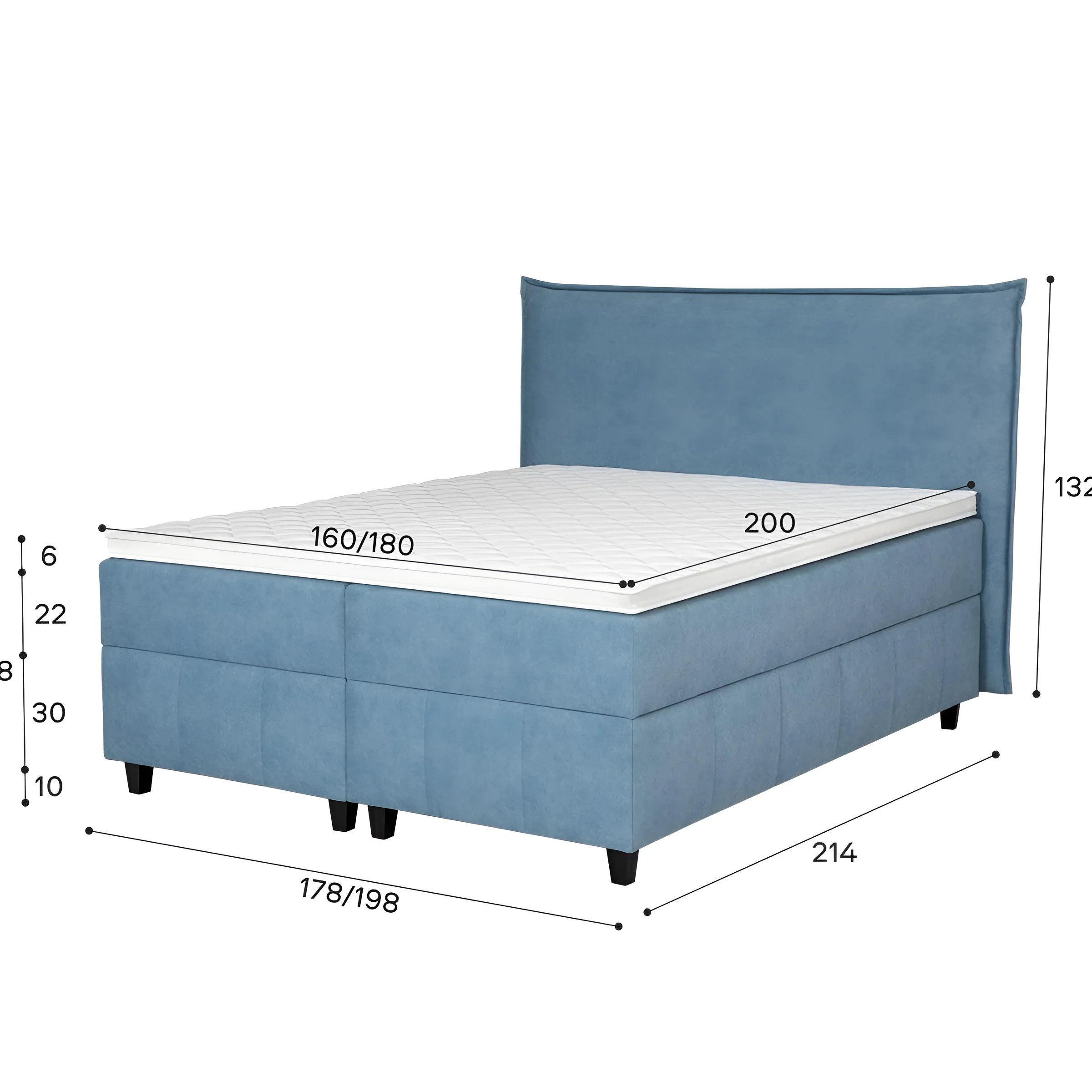 Спальная система Bruno голубого цвета с высоким изголовьем и ортопедическим матрасом, размеры 160x200 см, современный дизайн.