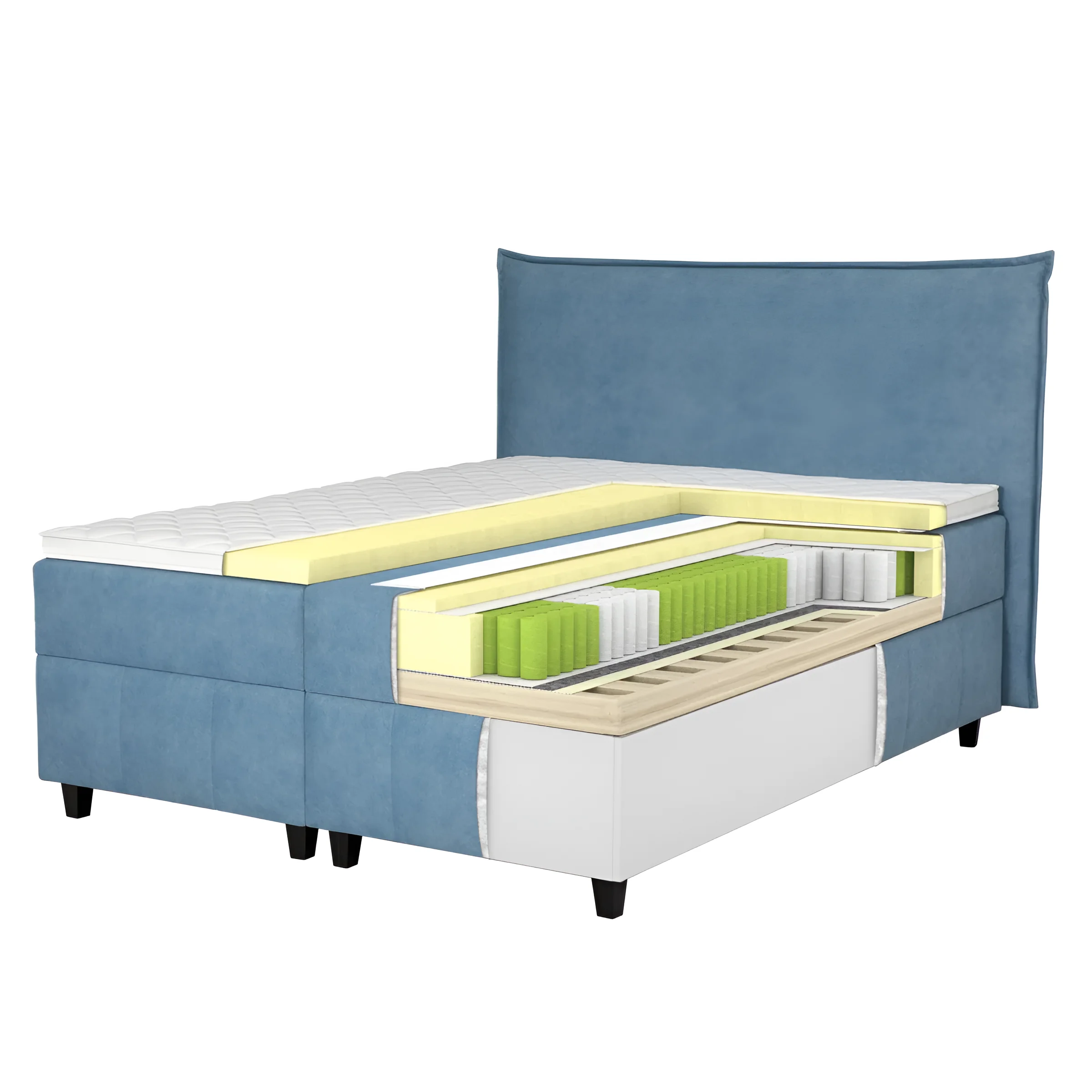 Спальная система Bruno в голубой обивке с разрезным видом, демонстрирующим слои матраса и основание с ящиками для хранения.
