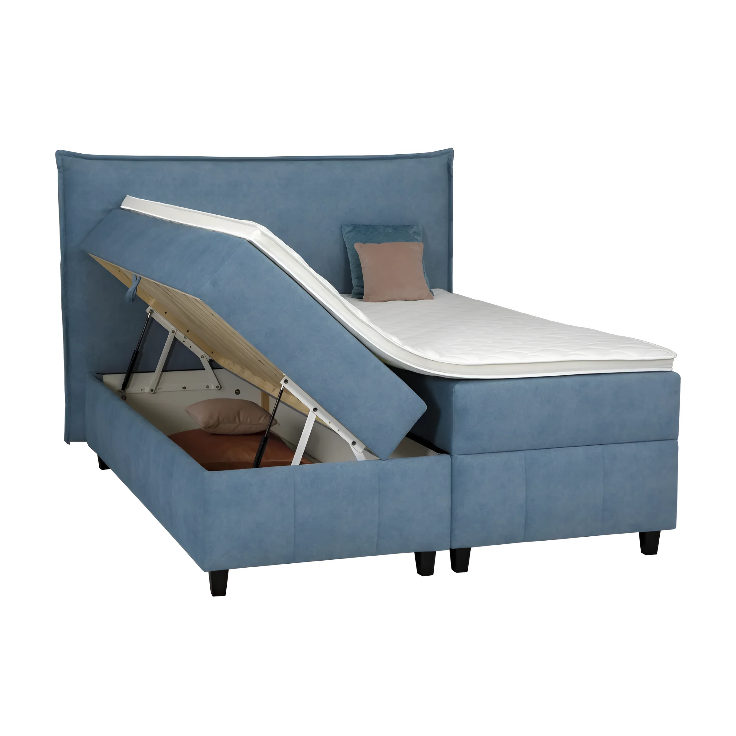 Спальная система Bruno голубого цвета с подъемным механизмом и вместительным ящиком для хранения белья, современный дизайн.