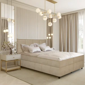 Спальная система ERICA 160x200 в бежевом цвете: кровать с мягким изголовьем, прикроватная тумбочка и стильный интерьер спальни.