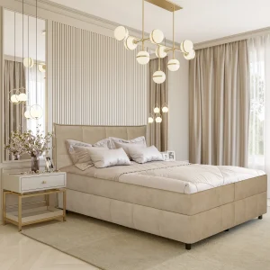 Спальная система ERICA 180x200 в бежевом цвете: кровать с мягким изголовьем, прикроватная тумбочка и стильный интерьер спальни.