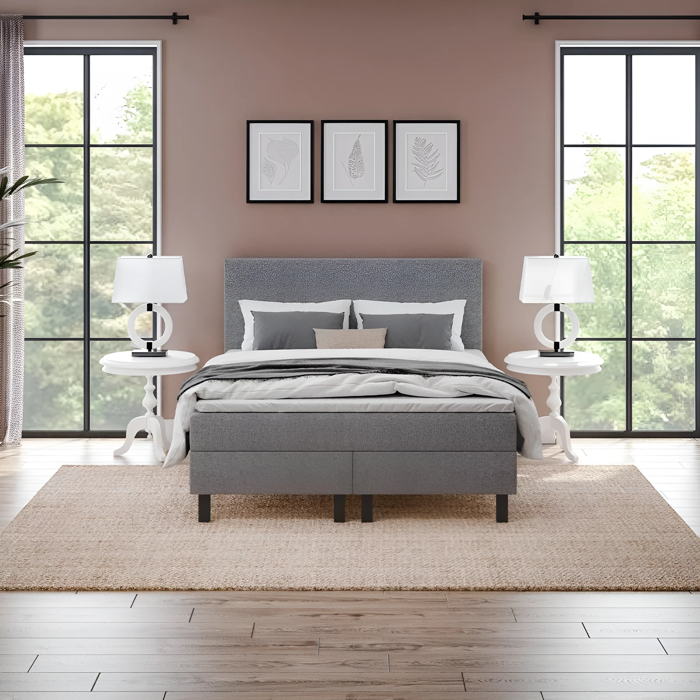 Спальна система Gerda 180x200 в современном интерьере: кровать серого цвета с мягким изголовьем, прикроватные тумбочки и декор.