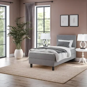 Спальна система Gerda 90x200 в современном интерьере: кровать с мягким изголовьем, серого цвета, для комфортного сна и отдыха.