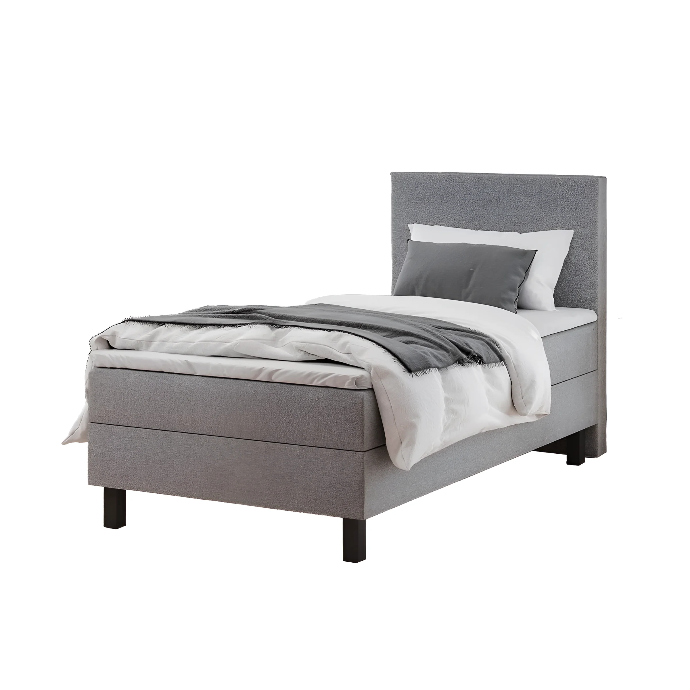 Спальна система Gerda 90x200 світло-сірого кольору з м'яким узголів'ям, ідеально підходить для невеликих спалень та кімнат для гостей.