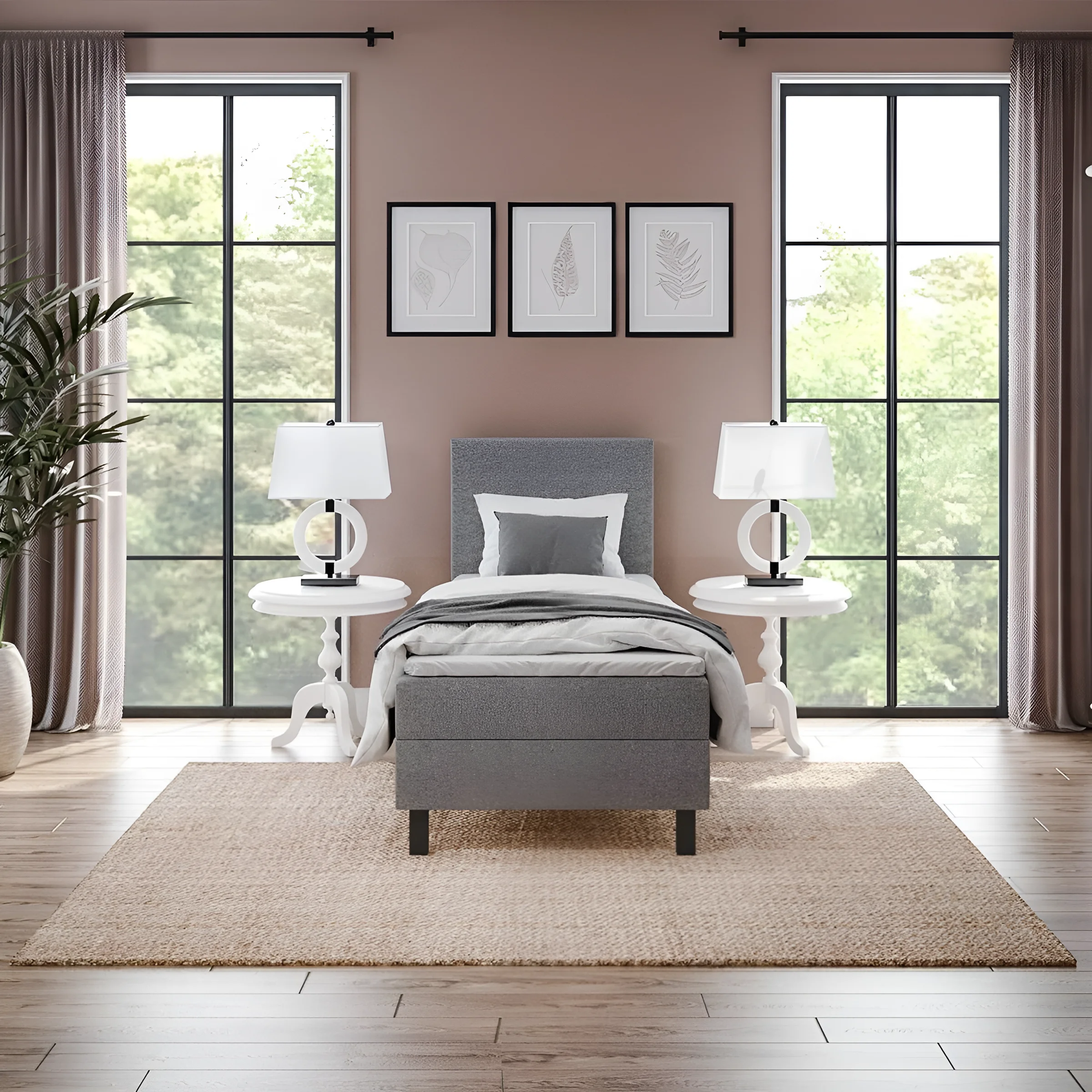 Спальна система Gerda 90x200 в современном интерьере: кровать, прикроватные тумбочки, декор и текстиль для уютной спальни.