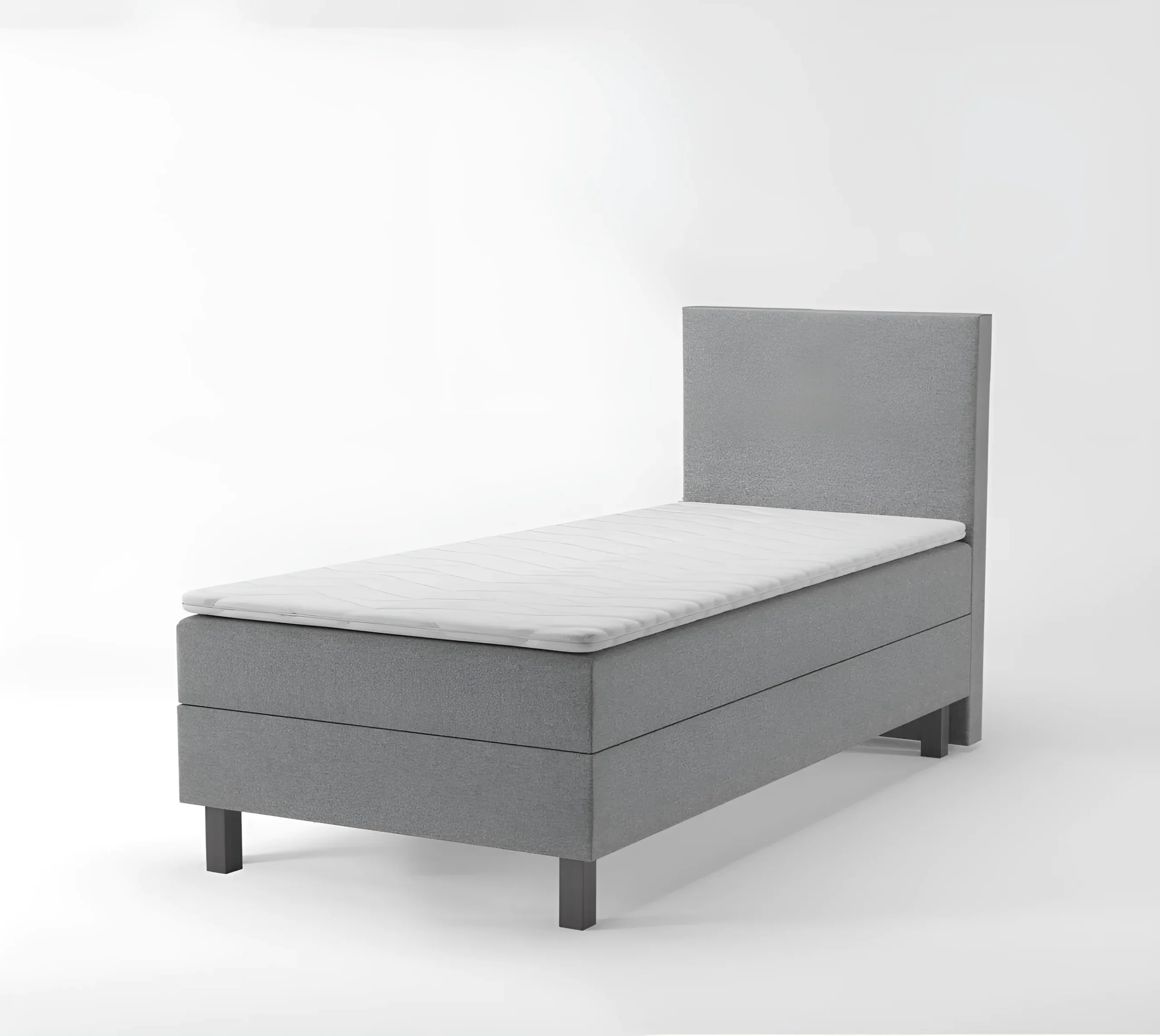 Спальна система Gerda 90x200 серого цвета с мягким изголовьем и ящиком для хранения, современный дизайн для детской или гостевой комнаты.