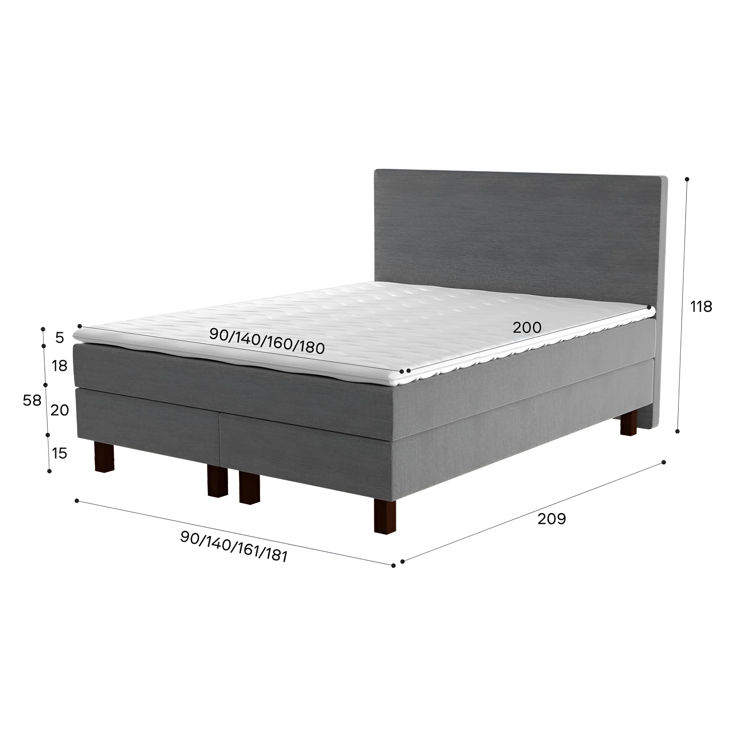 Спальная система Gerda 90x200 серого цвета с изголовьем и ящиками для хранения, современный дизайн для спальни.